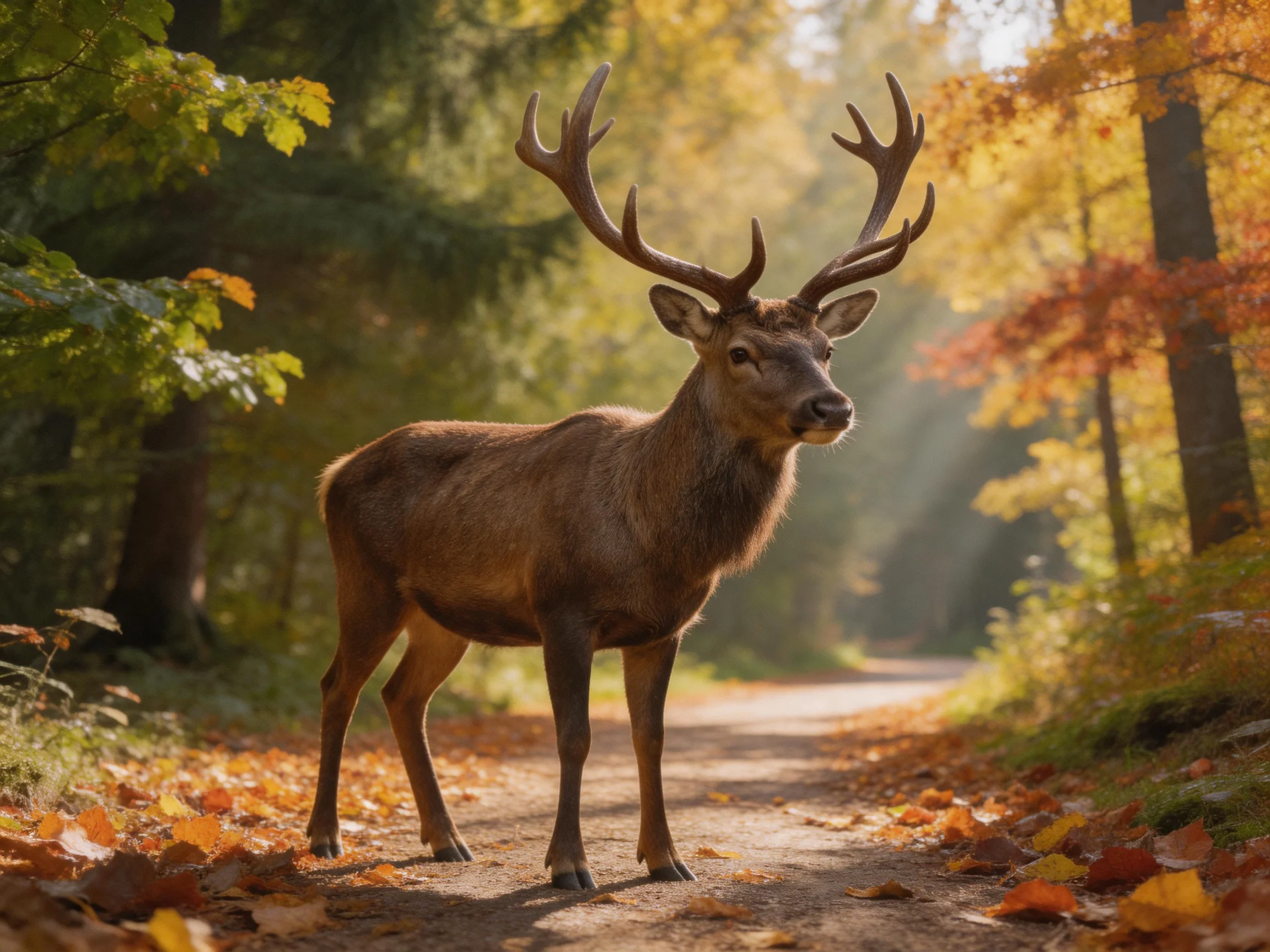 A majestic deer with large antlers stands on an autumn forest path