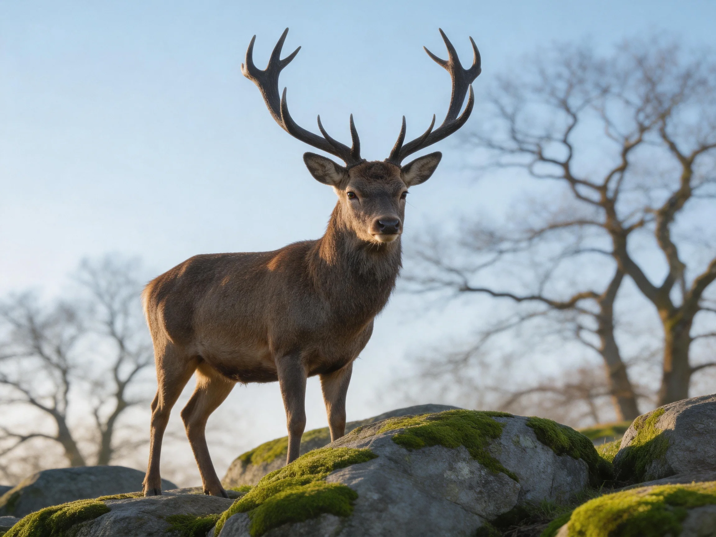A deer with prominent antlers stands on mossy rocks among bare trees