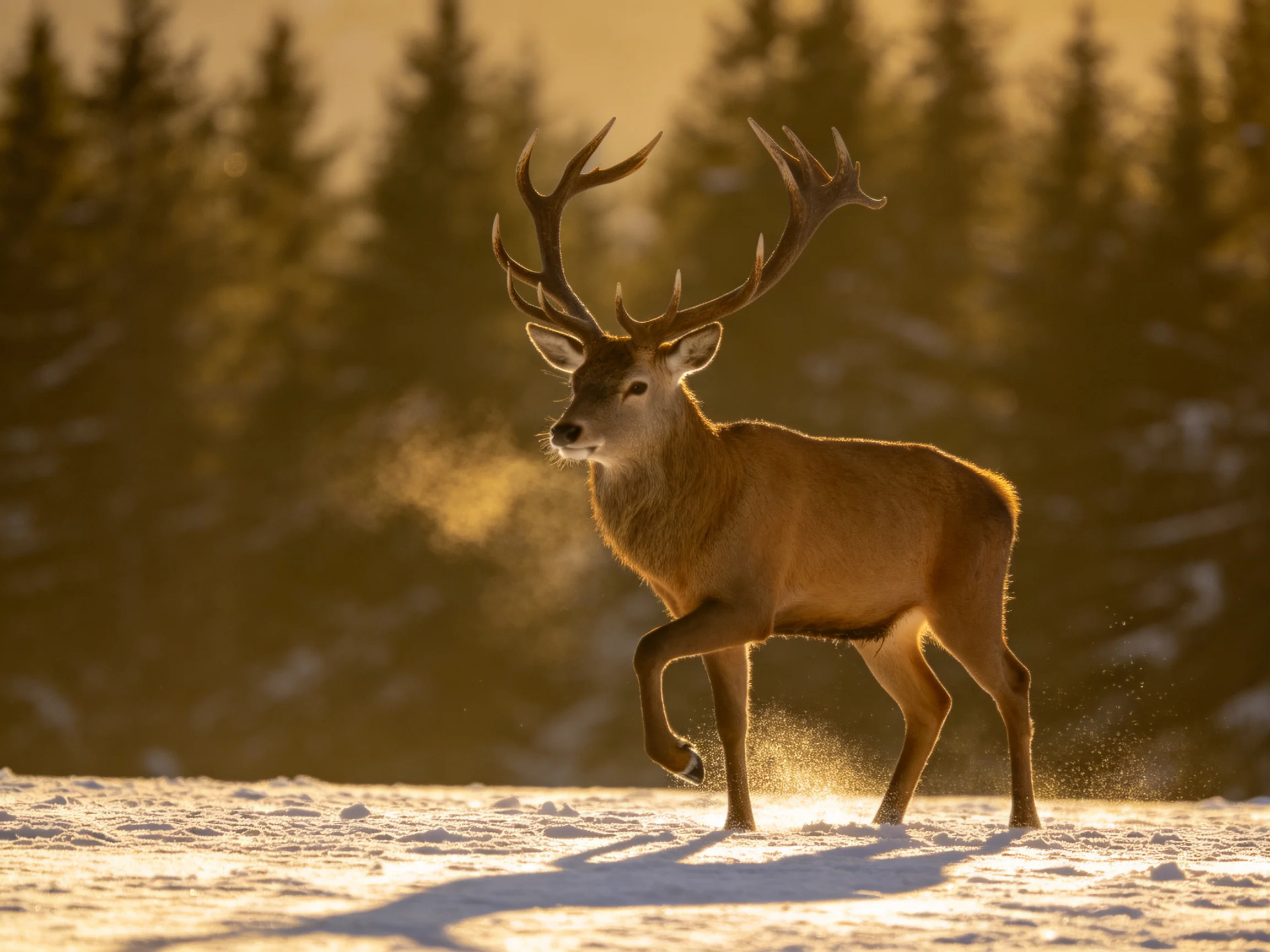 A deer with large antlers traverses snowy ground close to a forest of evergreen trees.