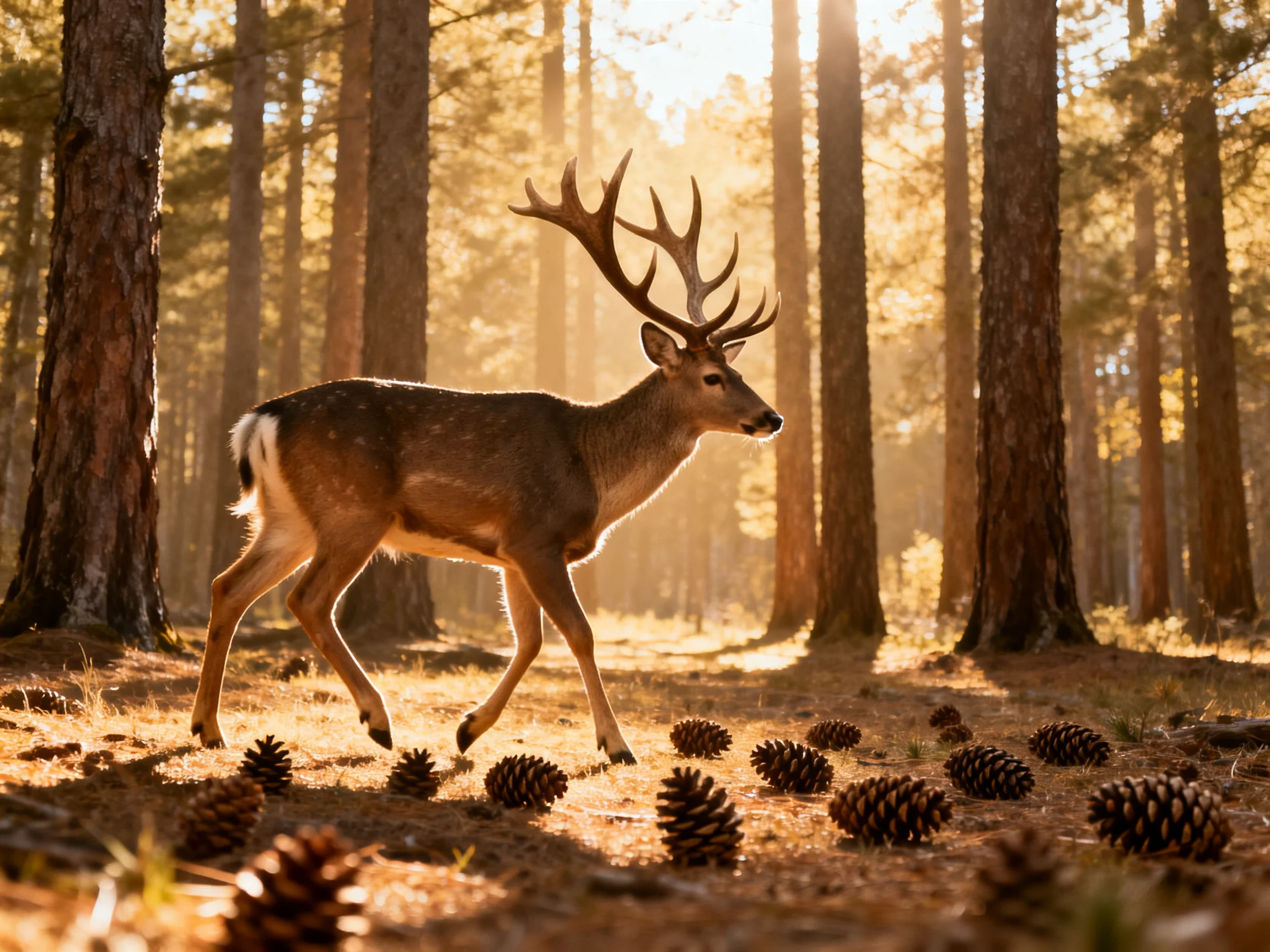 A majestic deer with large antlers walking through a sunlit pine forest