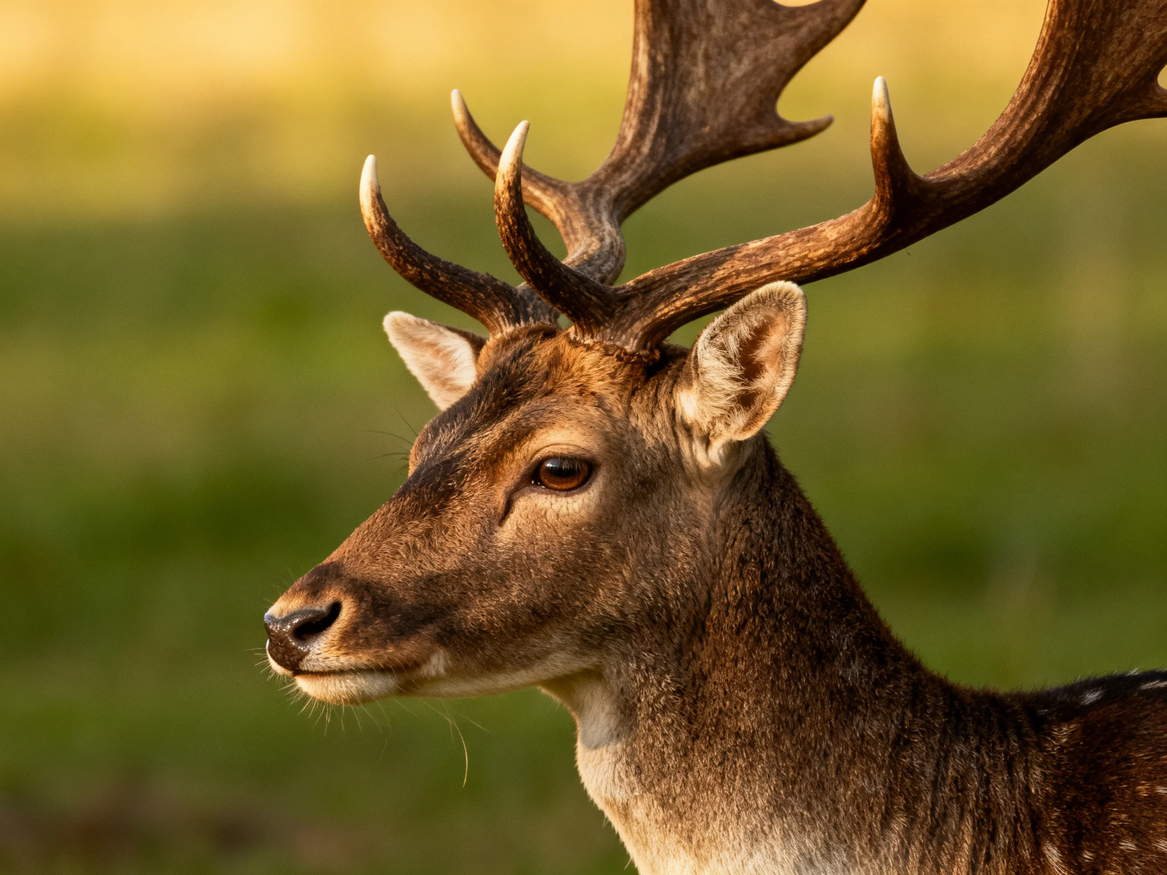 A deer with large antlers stands in a sunlit green field.