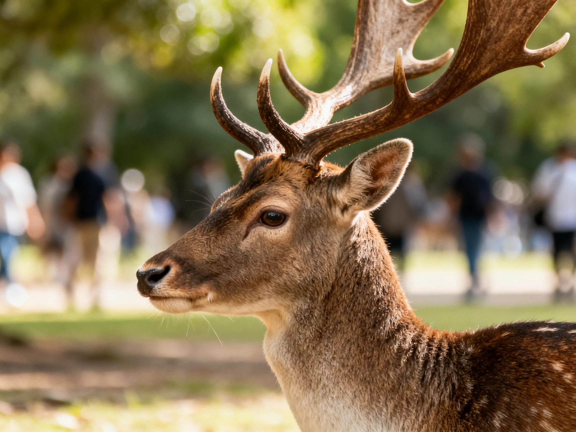 A deer with large antlers stands in a sunlit area with people in the background.