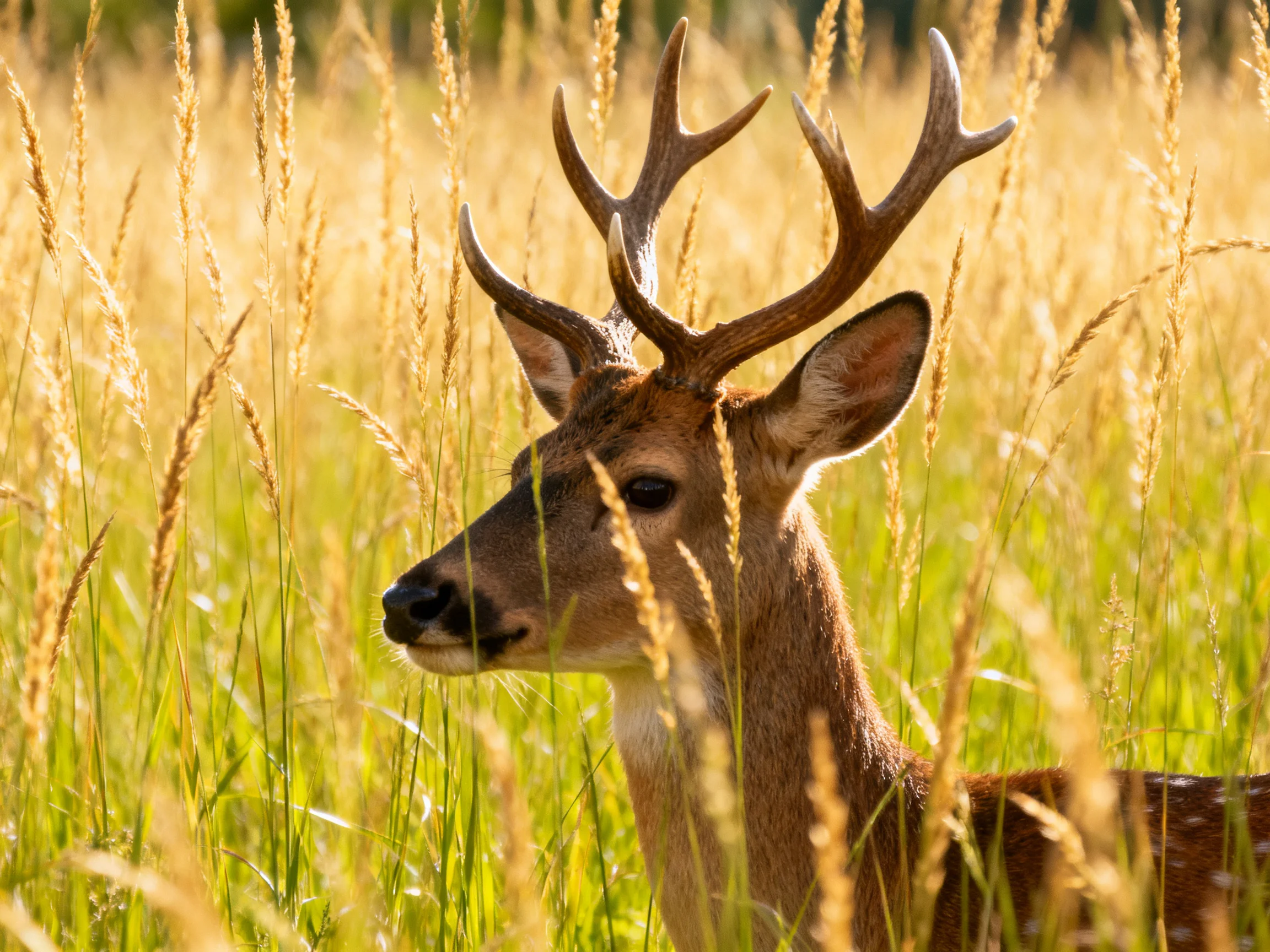 A majestic deer with prominent antlers in sunlit tall grass