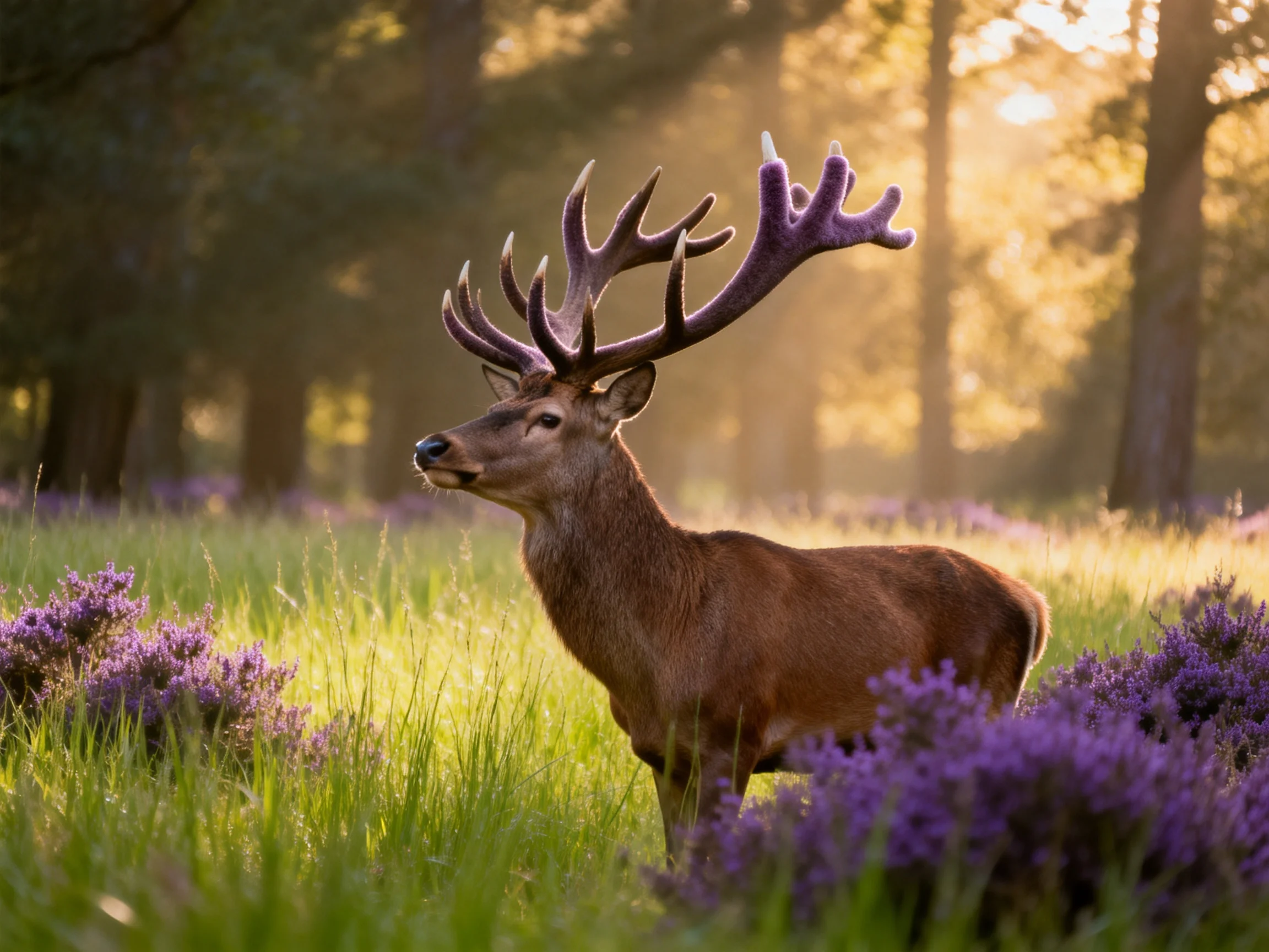 A deer with large antlers stands amid purple heather and green grass in a sunlit forest.