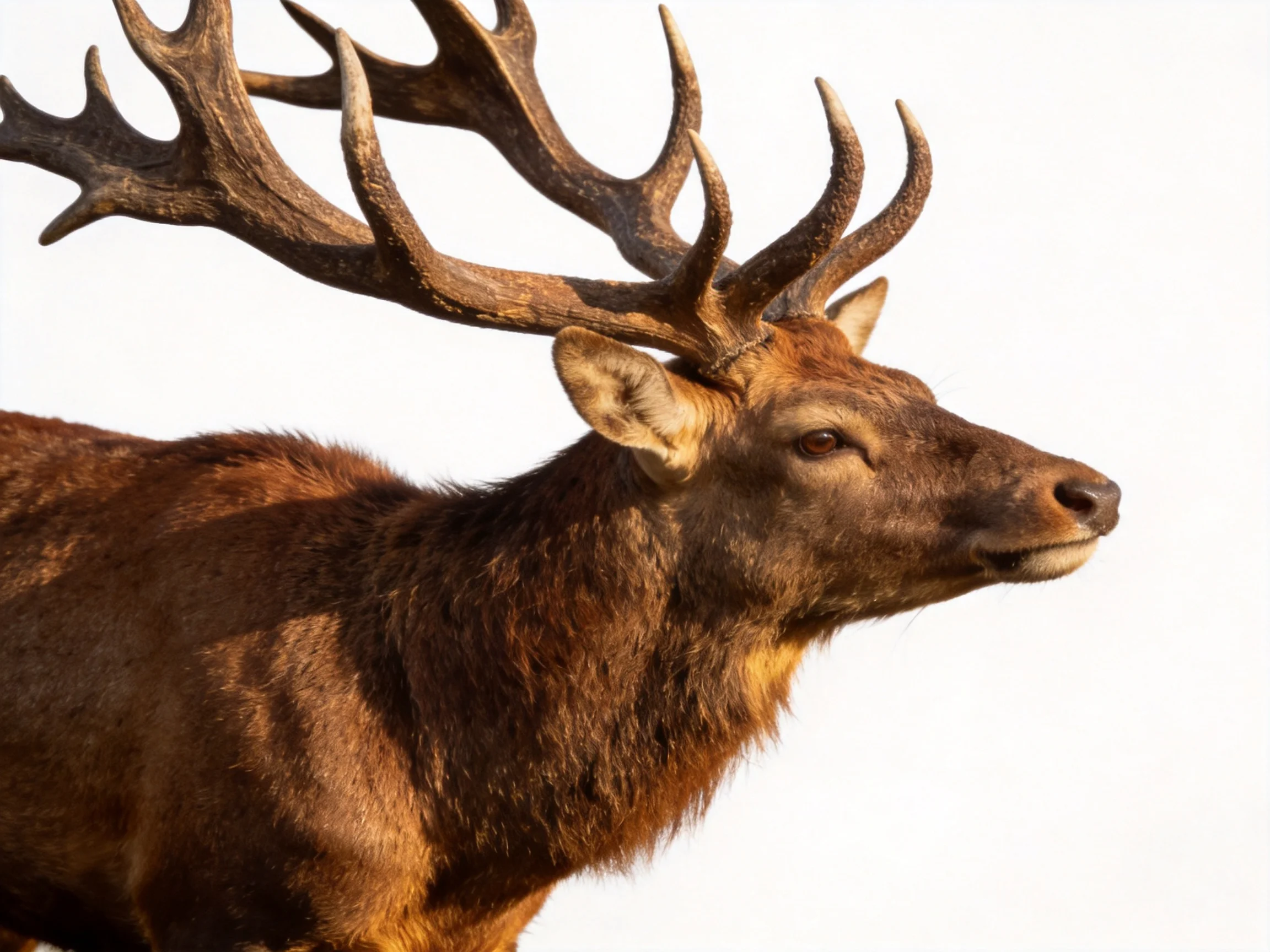 A deer with large antlers stands out against a bright background.