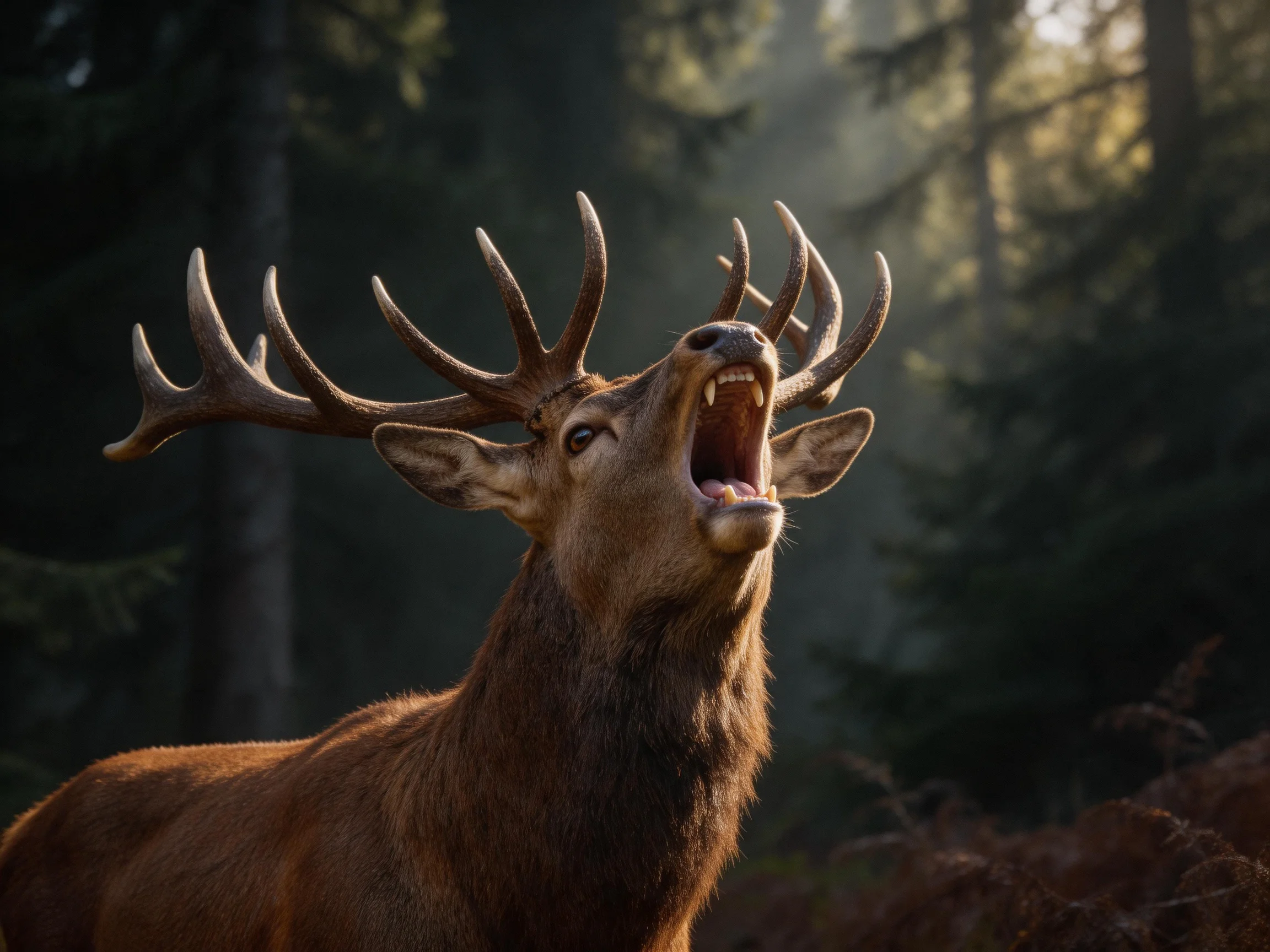 A deer with large antlers roars amid sunlit forest surroundings.