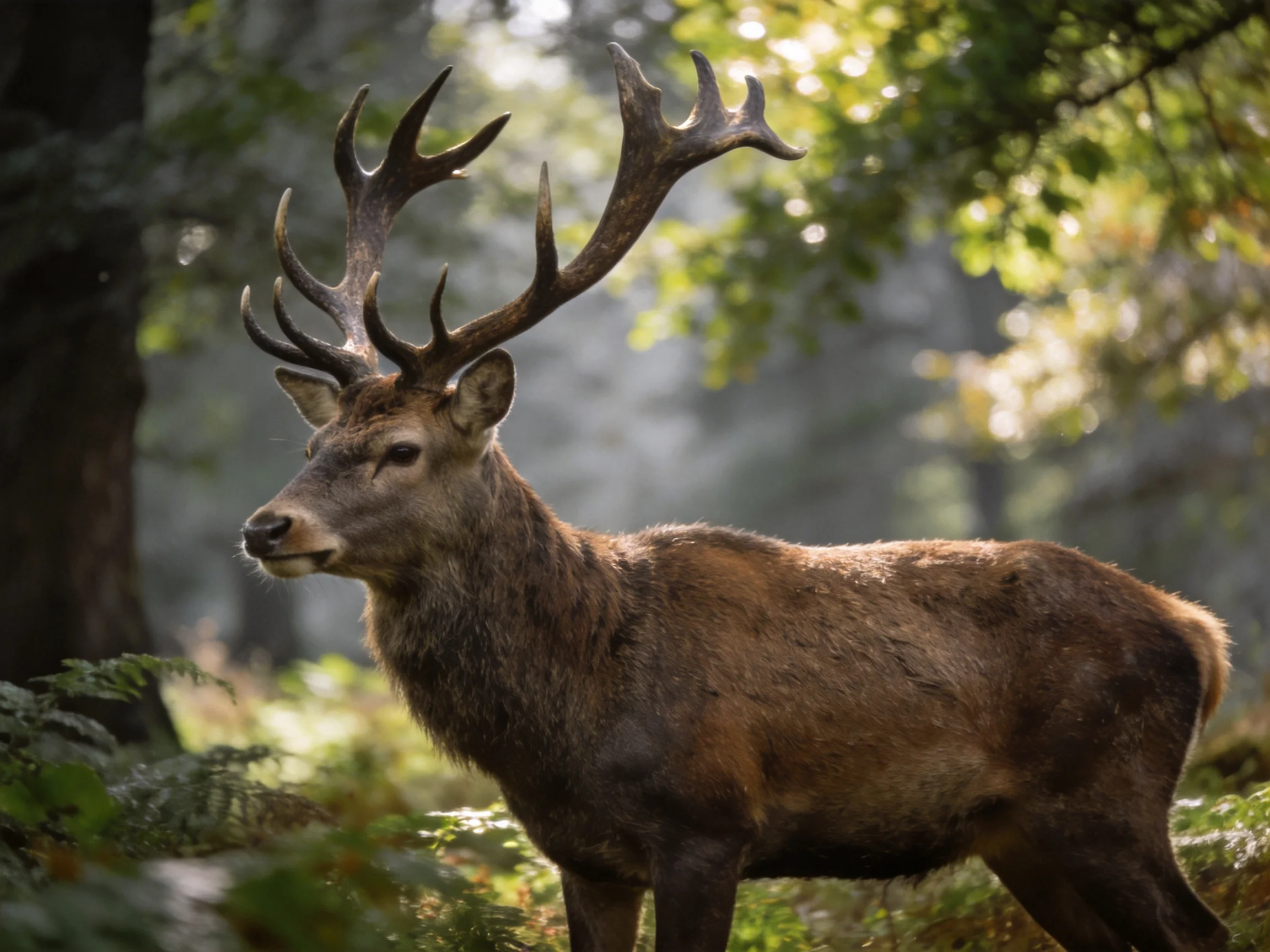 A deer with large antlers stands amid lush greenery in a sunlit forest.