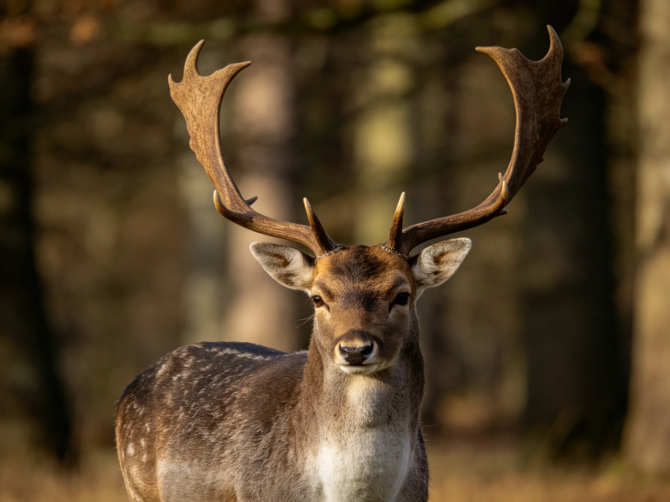 A deer with large antlers stands in a sunlit forest setting.