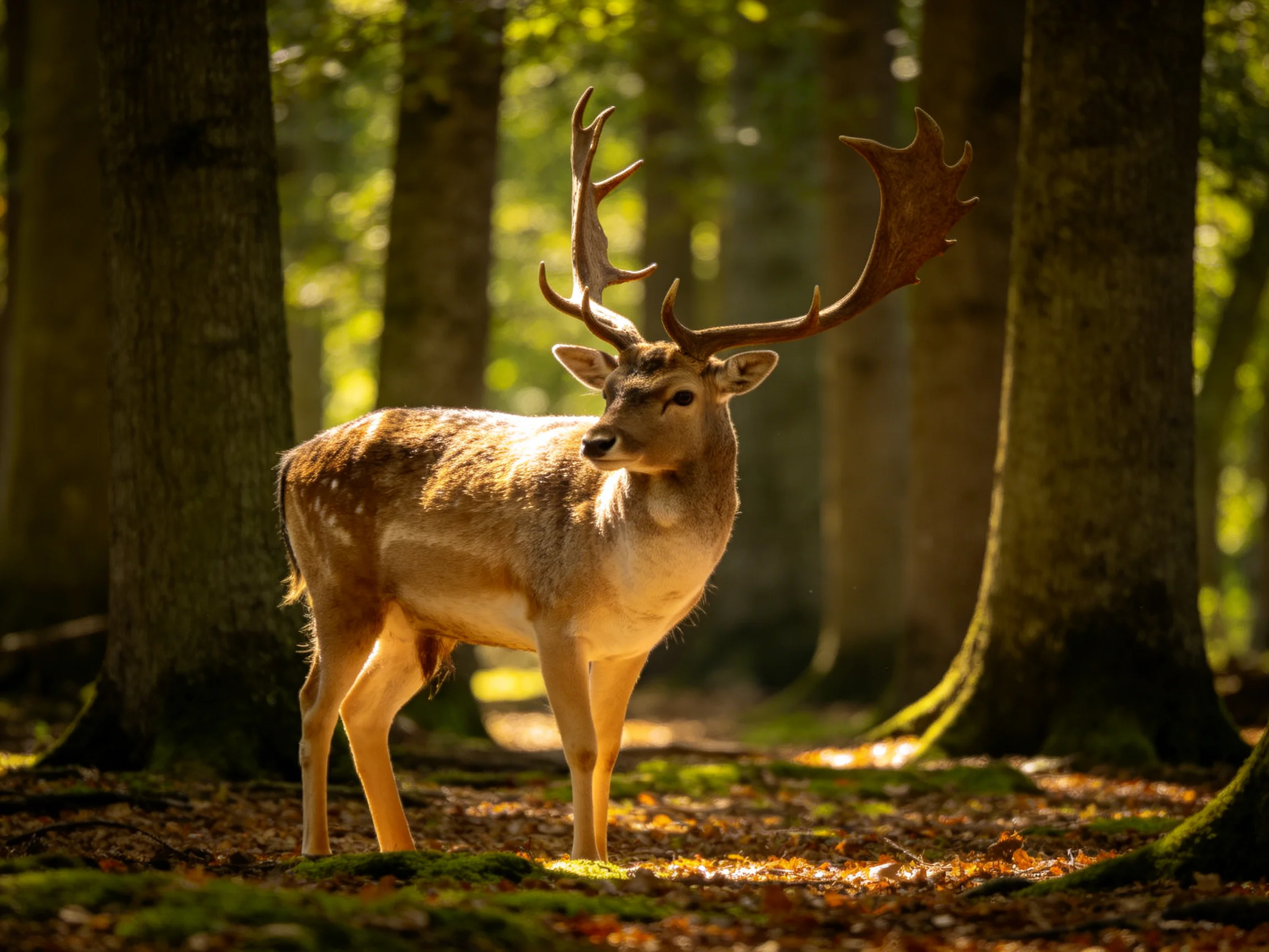 A deer with large antlers stands in a sunlit forest among tall trees.