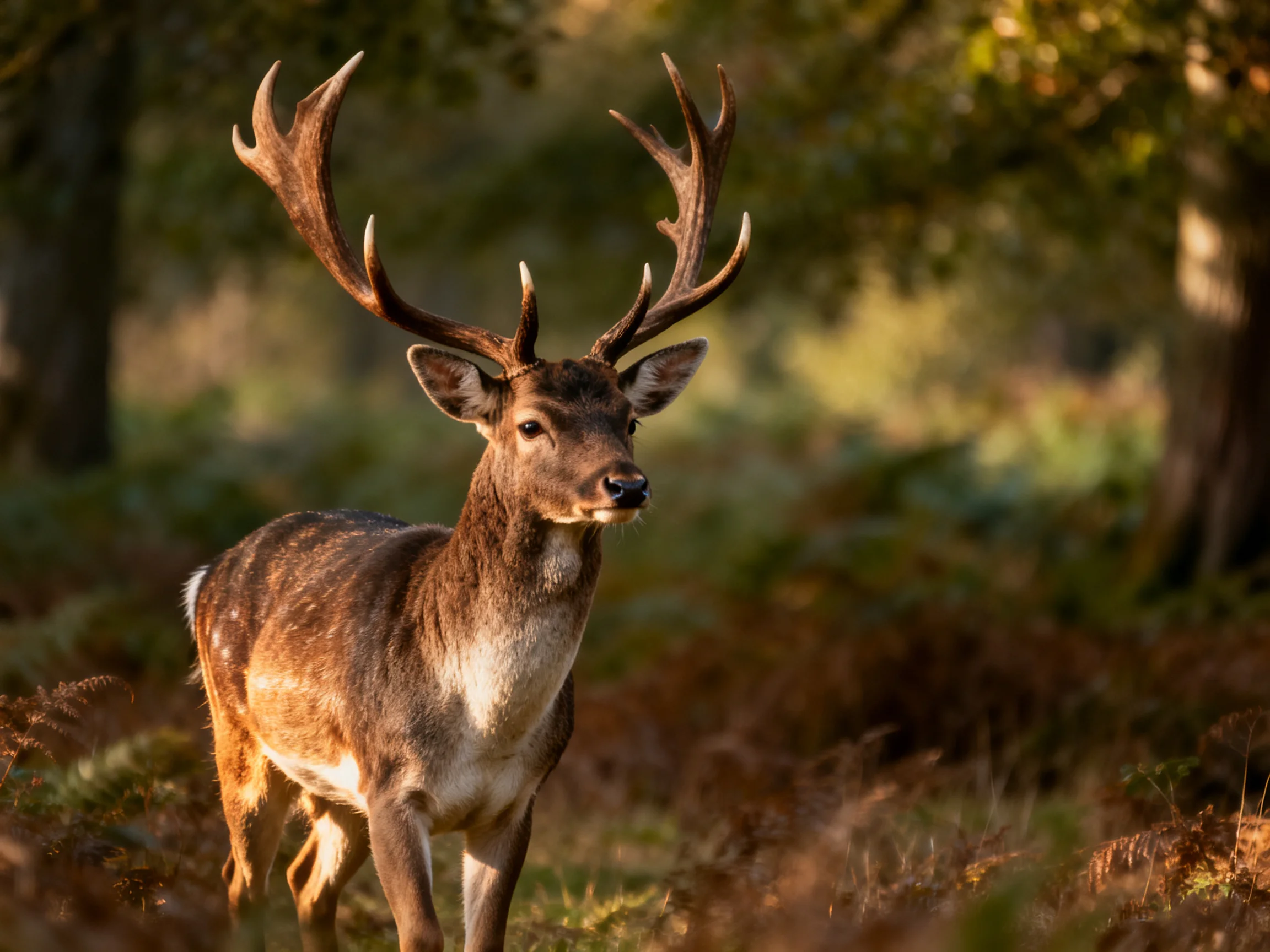 A deer with large antlers stands in asun-dappled forest environment.