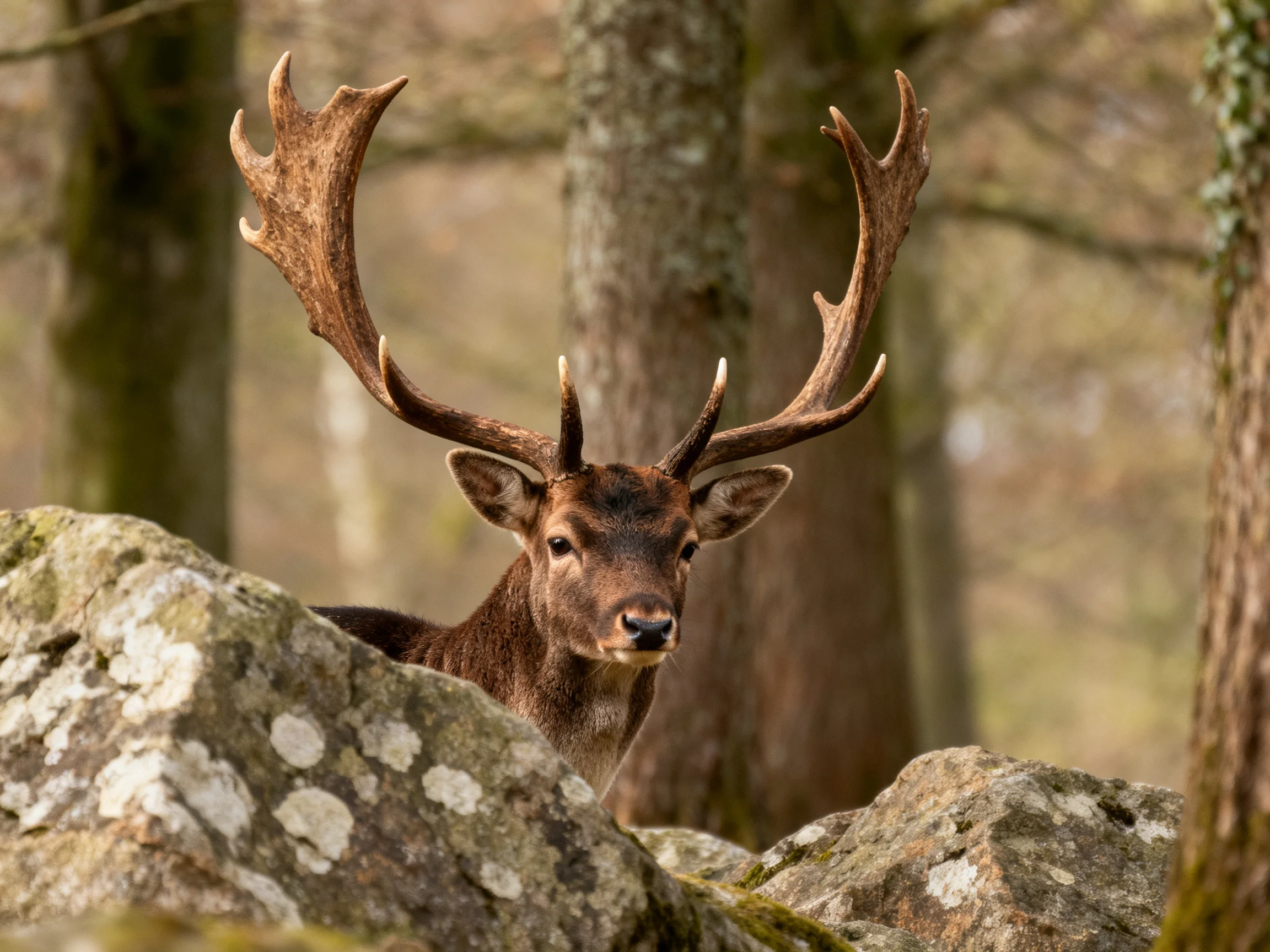 A deer with large antlers stands among rocks in a forested environment.