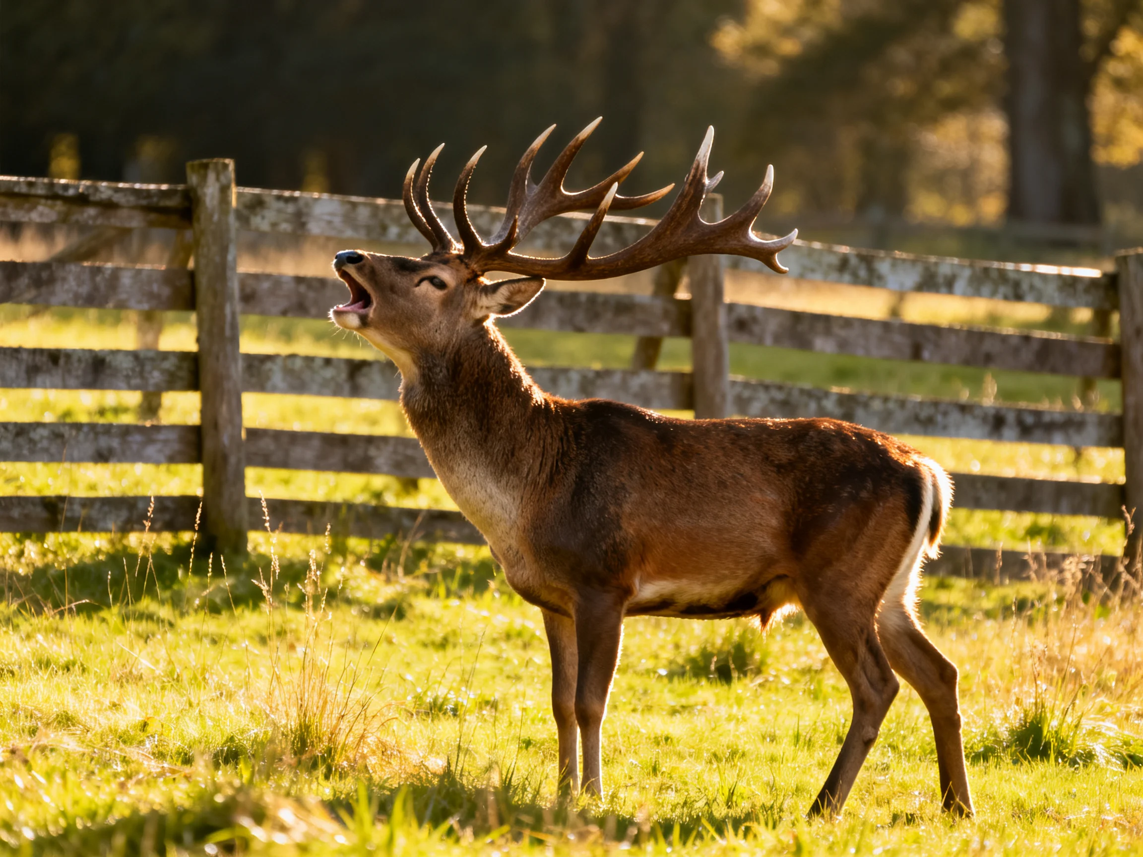 A deer with large antlers calls out in a sunlit pasture next to a wooden fence