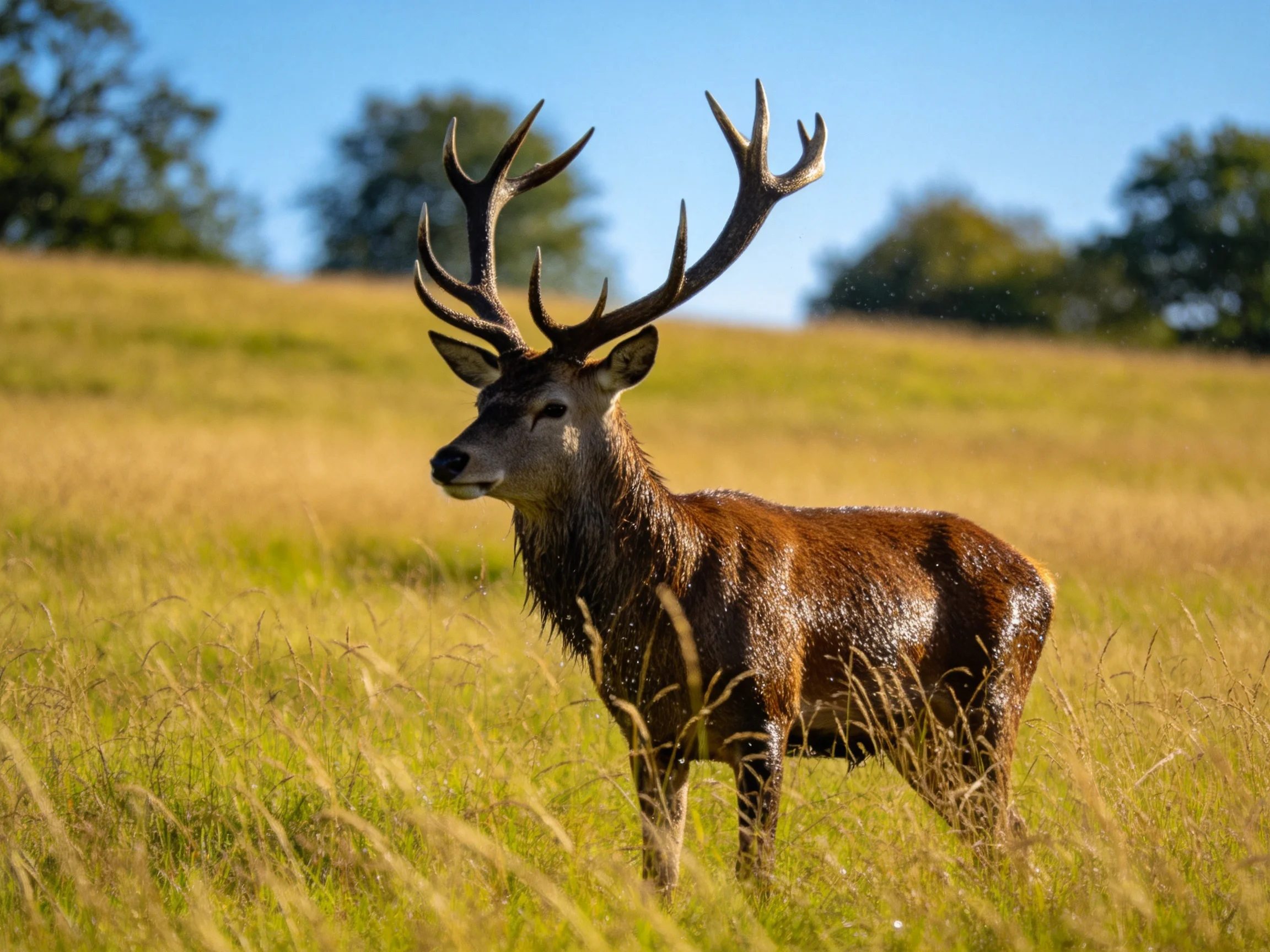 A deer with large antlers stands in a sunlit grassy field.