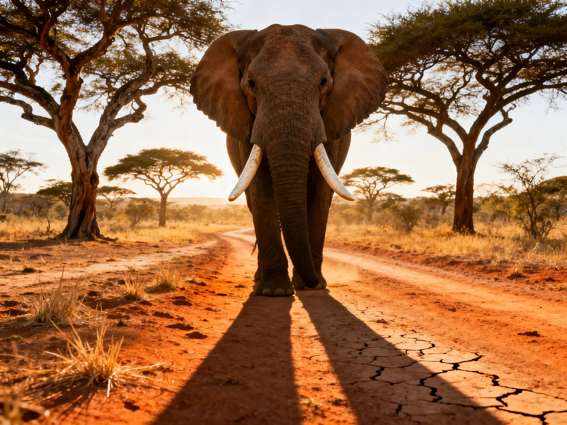 A majestic elephant on a cracked red dirt road in a sunlit savannah