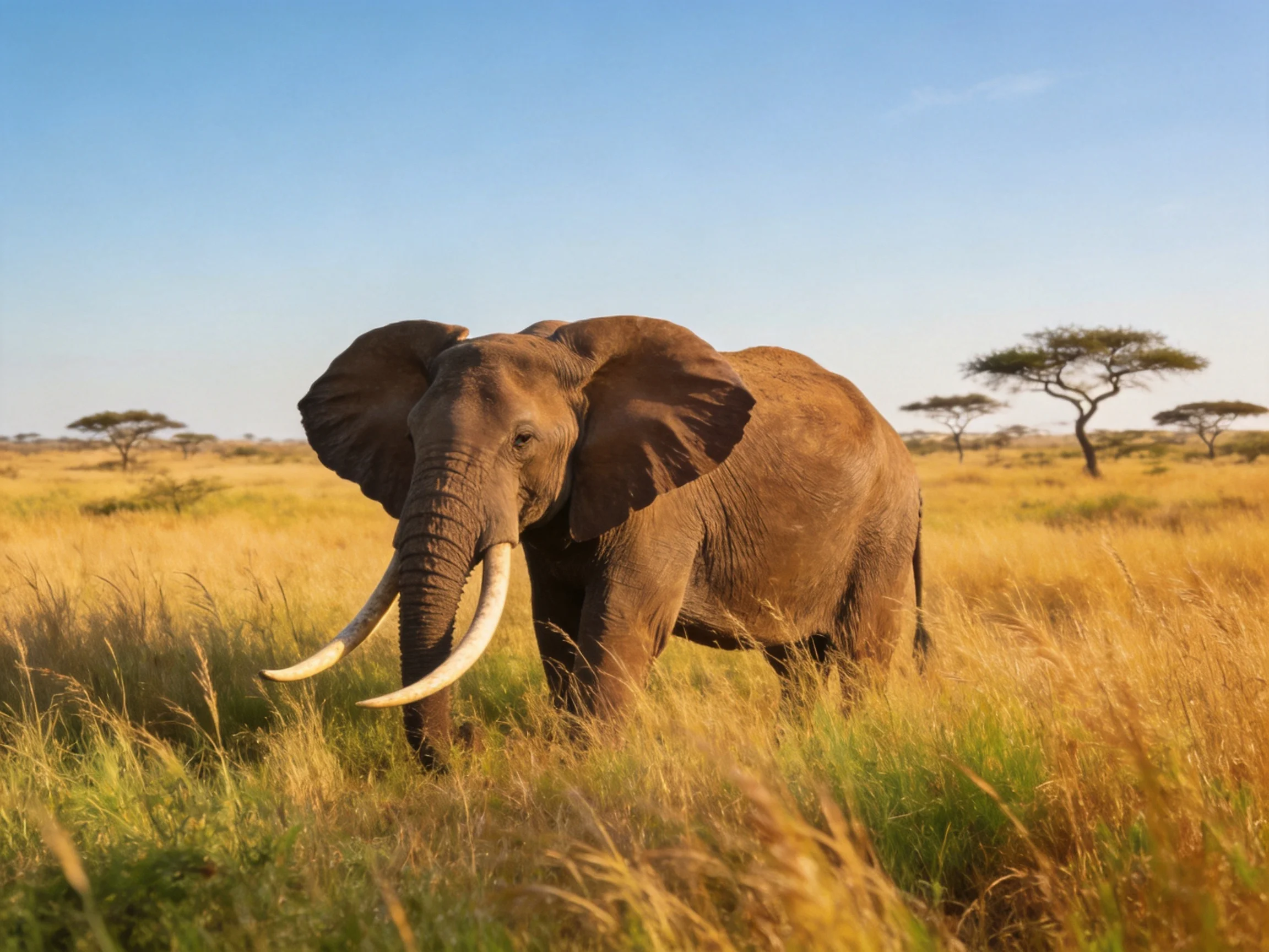 A majestic elephant roams golden savannah grasslands under clear blue sky