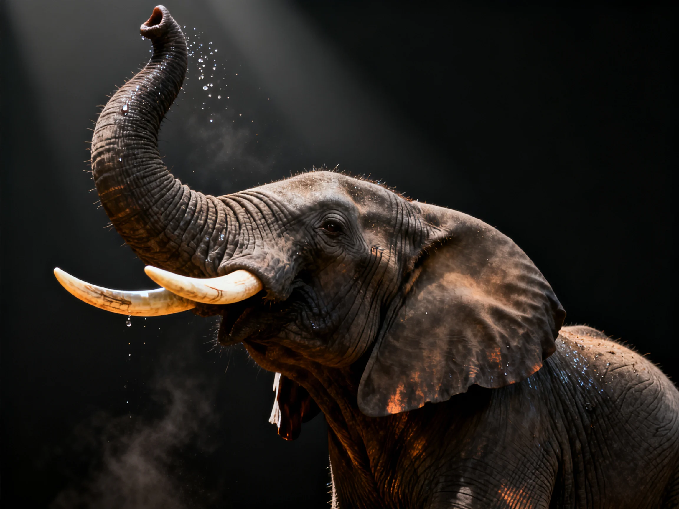 A majestic elephant spraying water with large ivory tusks against a dark backdrop