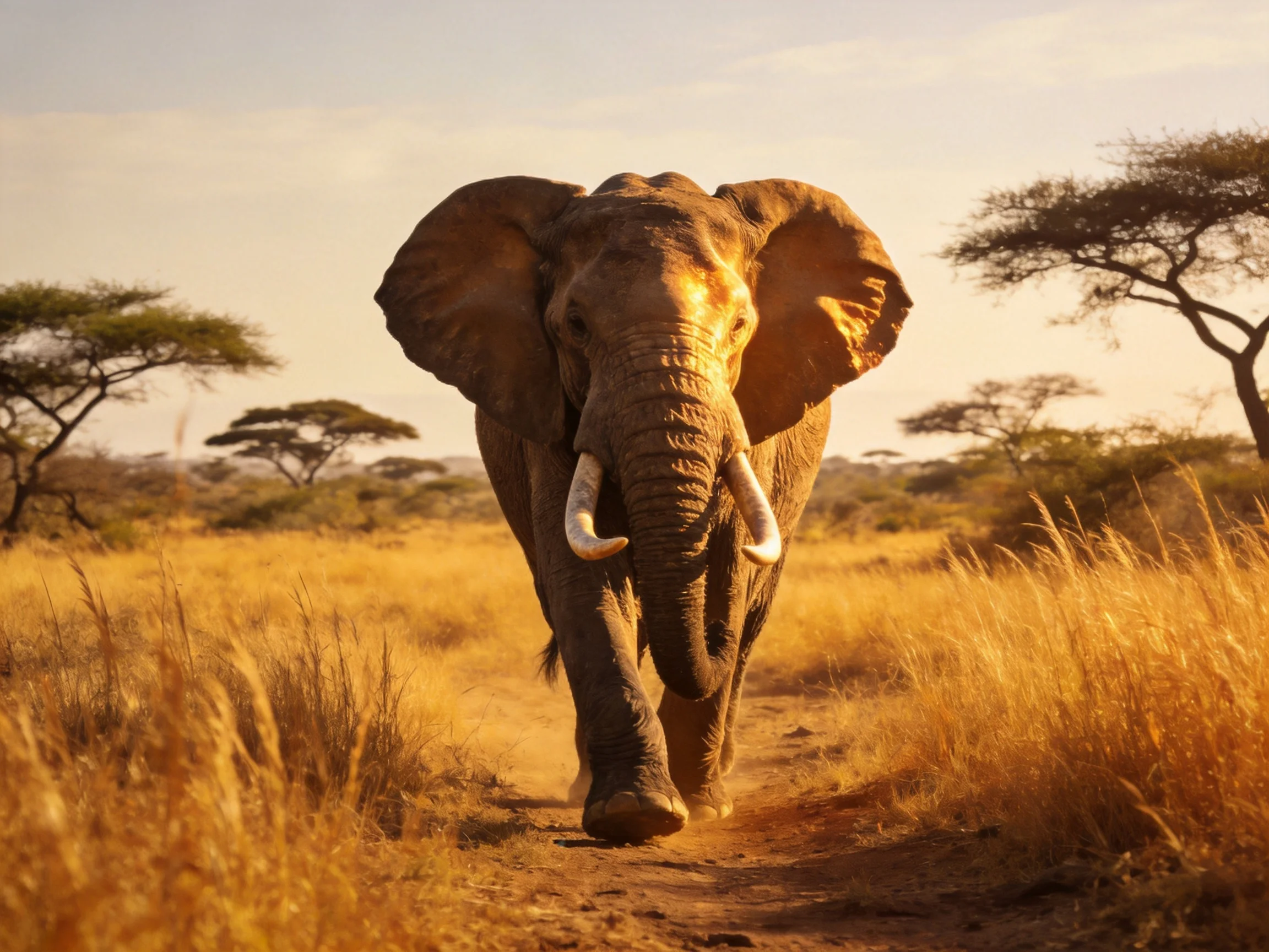 A majestic elephant walking through golden savannah grasslands
