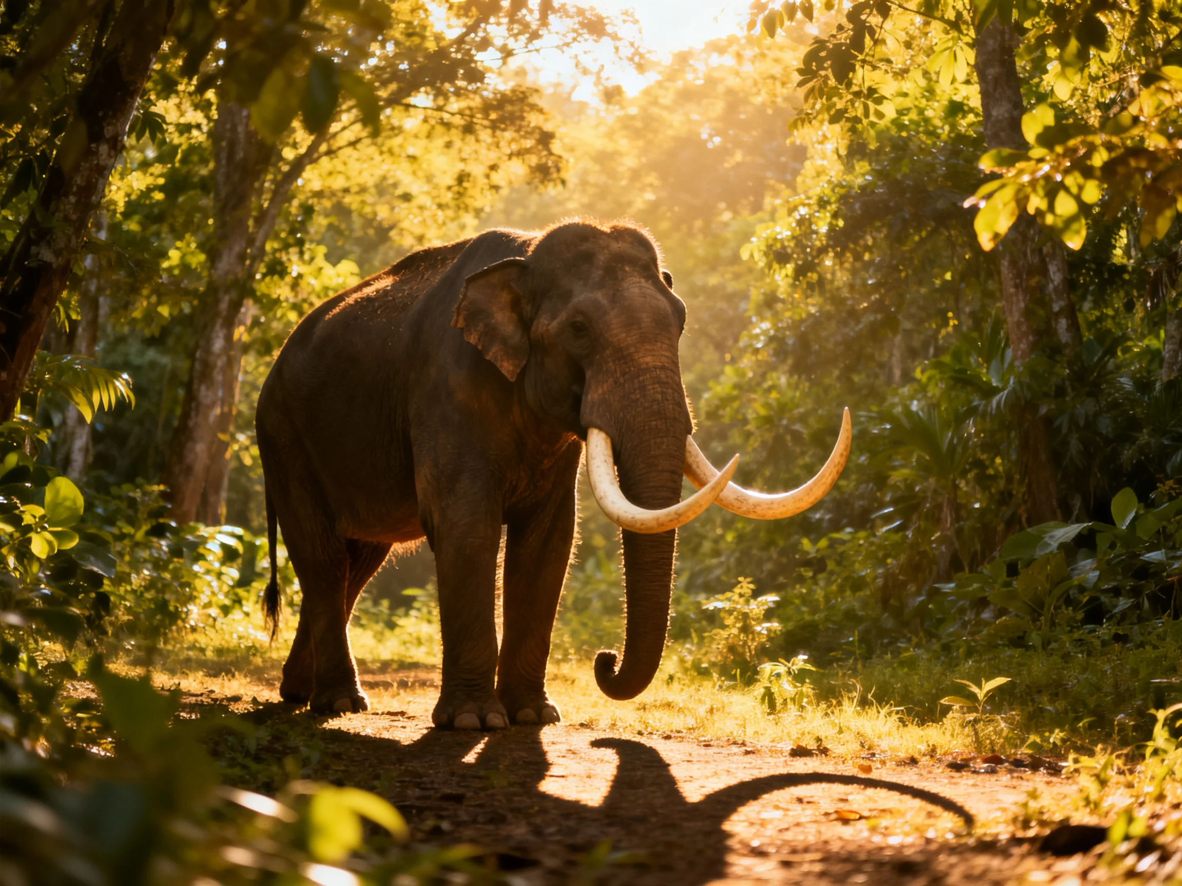A majestic elephant with large tusks walks through a sunlit forest path