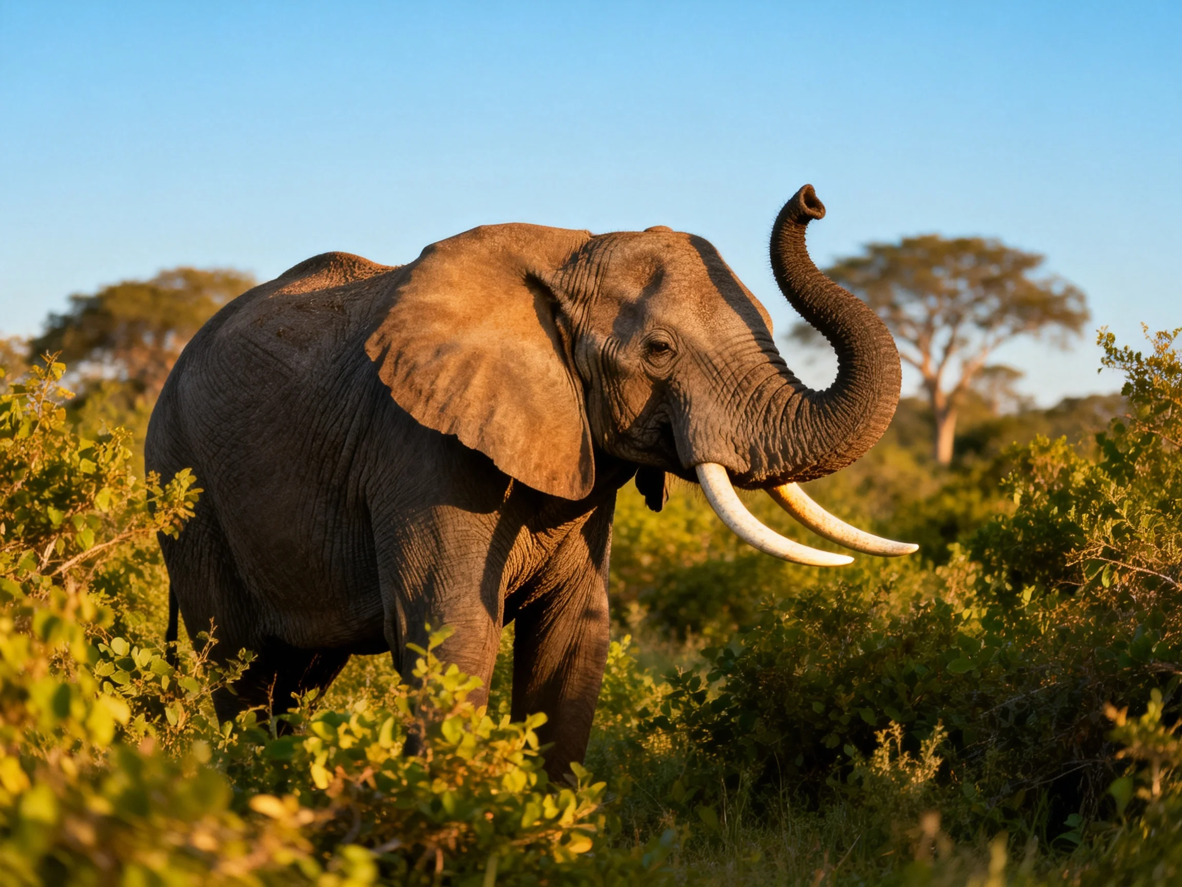 A majestic elephant with long tusks in golden savannah vegetation