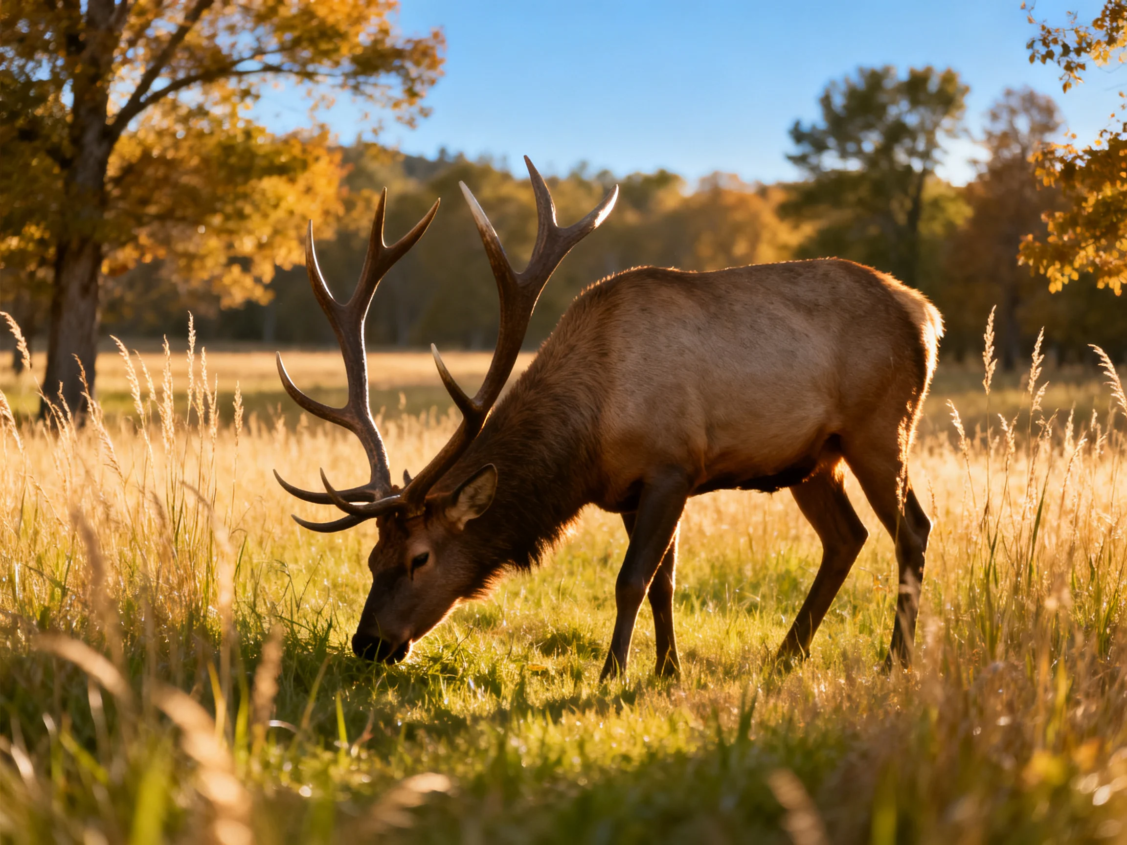 An elk feeds in a sunlit autumn meadow with tall grass.