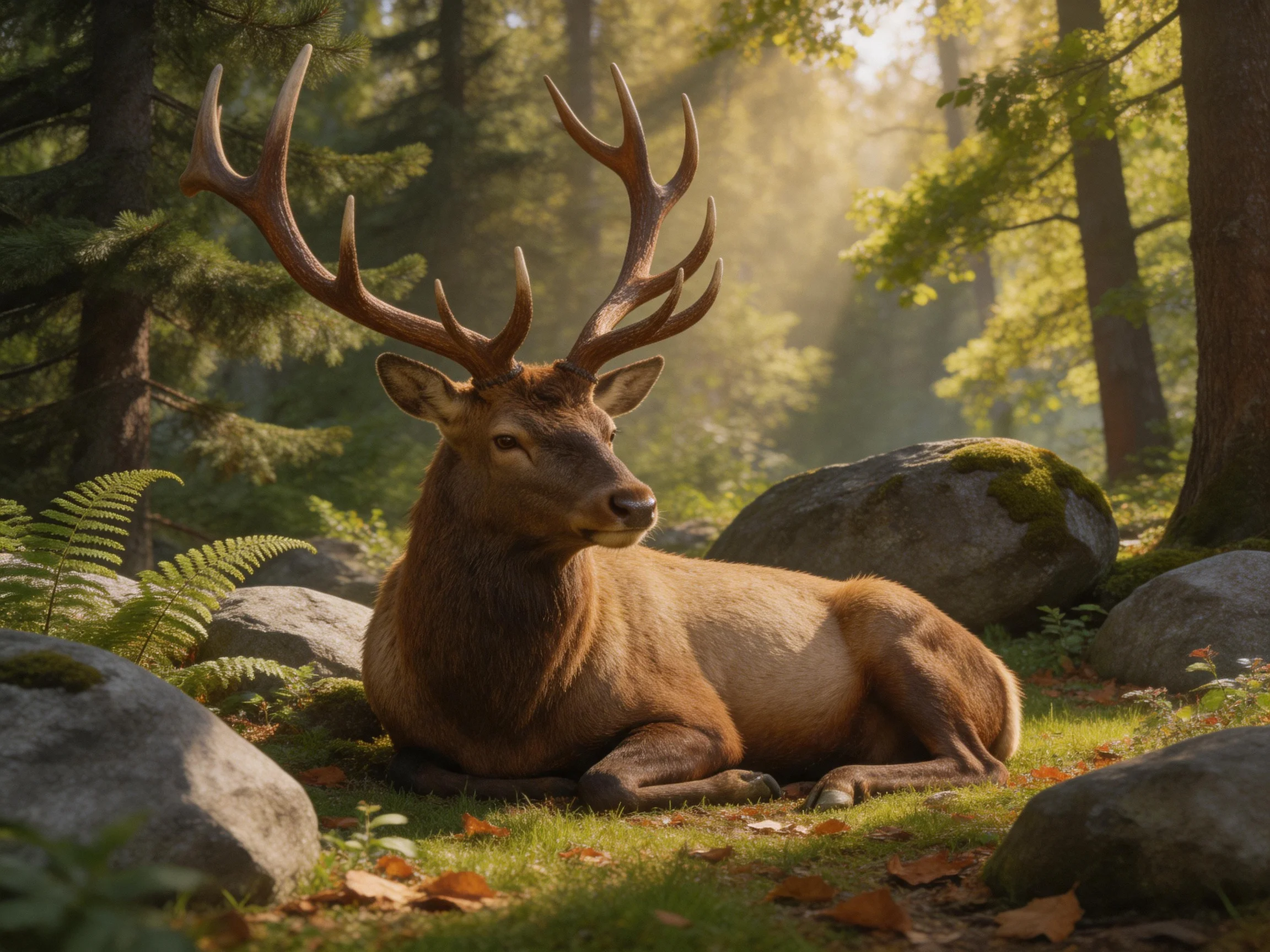 A majestic elk rests amid moss-covered rocks in a sun-dappled forest