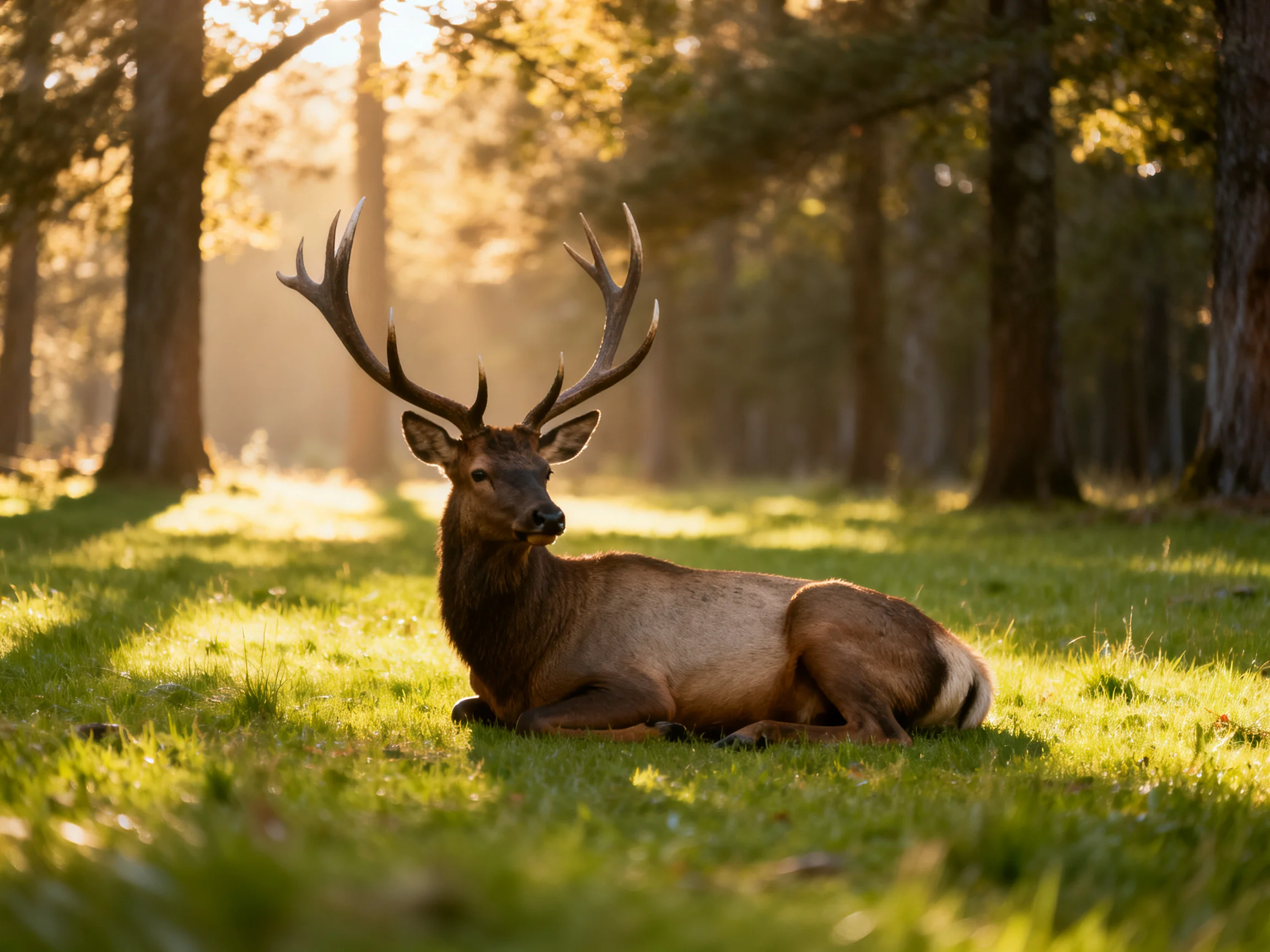 A majestic elk rests in a sun-dappled forest clearing