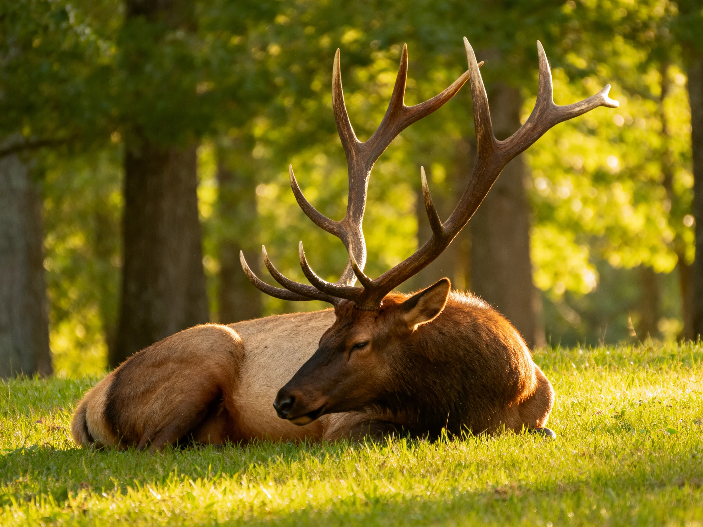 An elk with large antlers lies peacefully on grass in a sunlit wooded area.