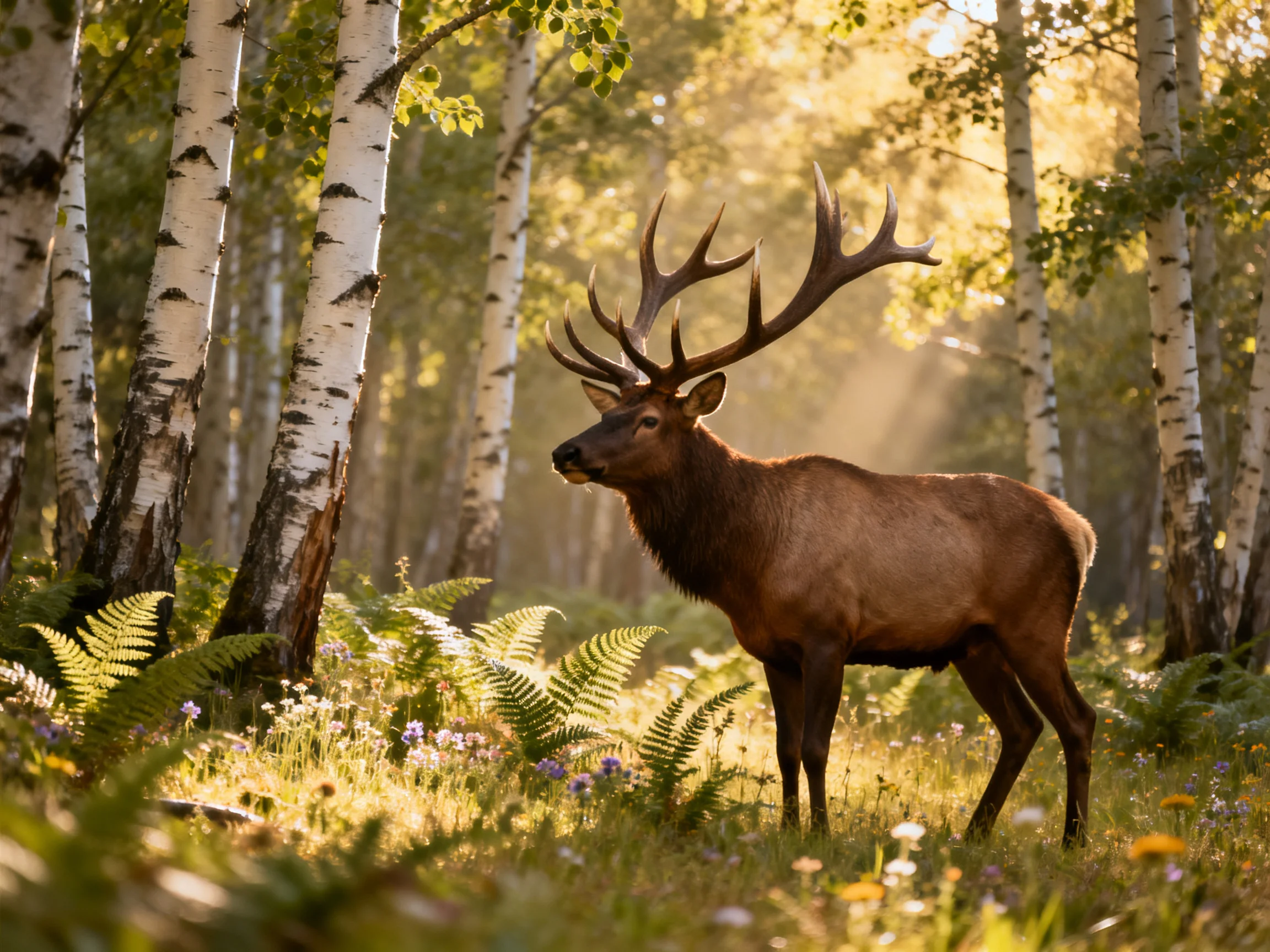 A large brown elk with antlers is in a sunlit forest filled with birch trees.