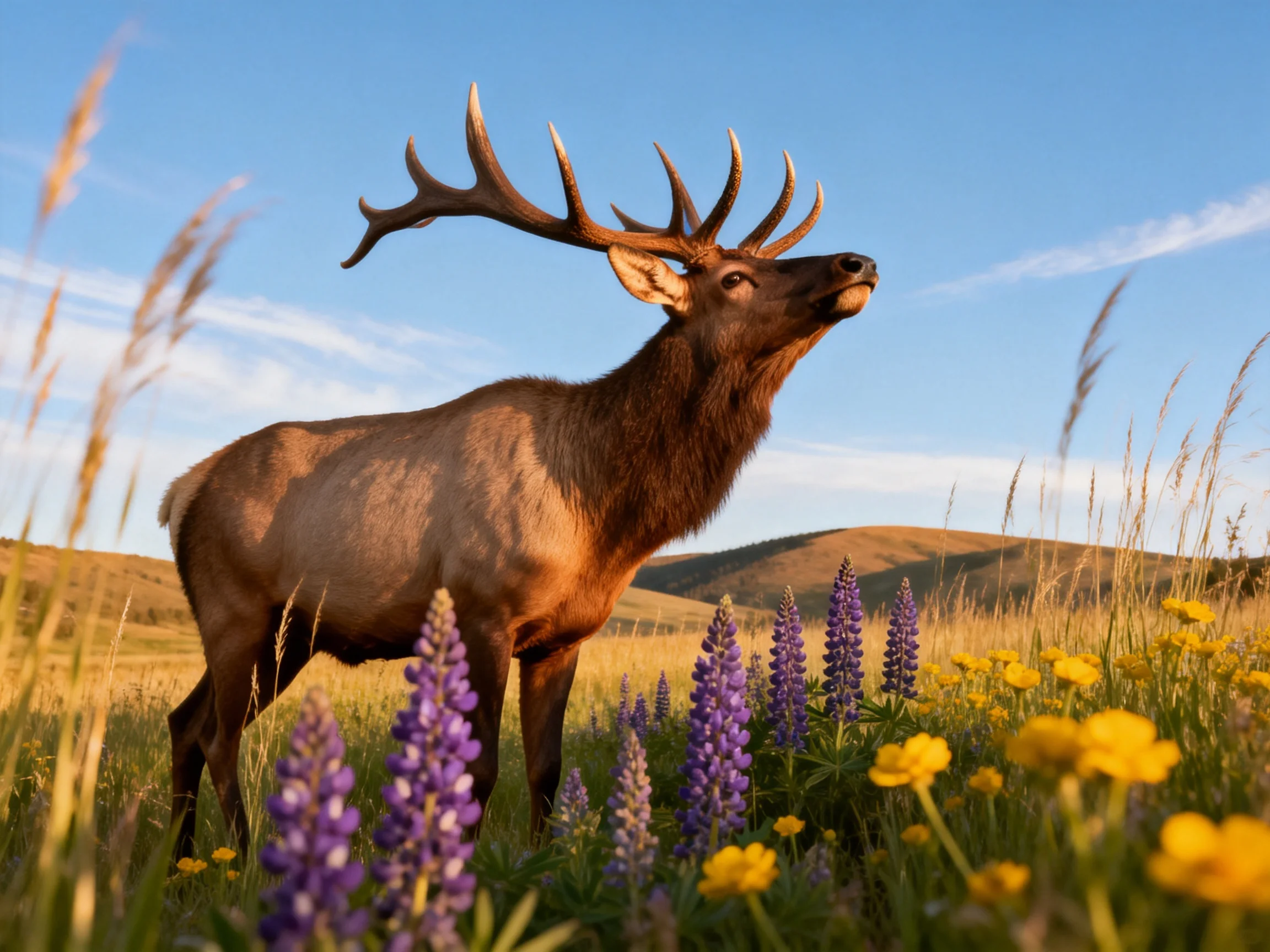 A majestic elk stands among purple lupines and yellow wildflowers
