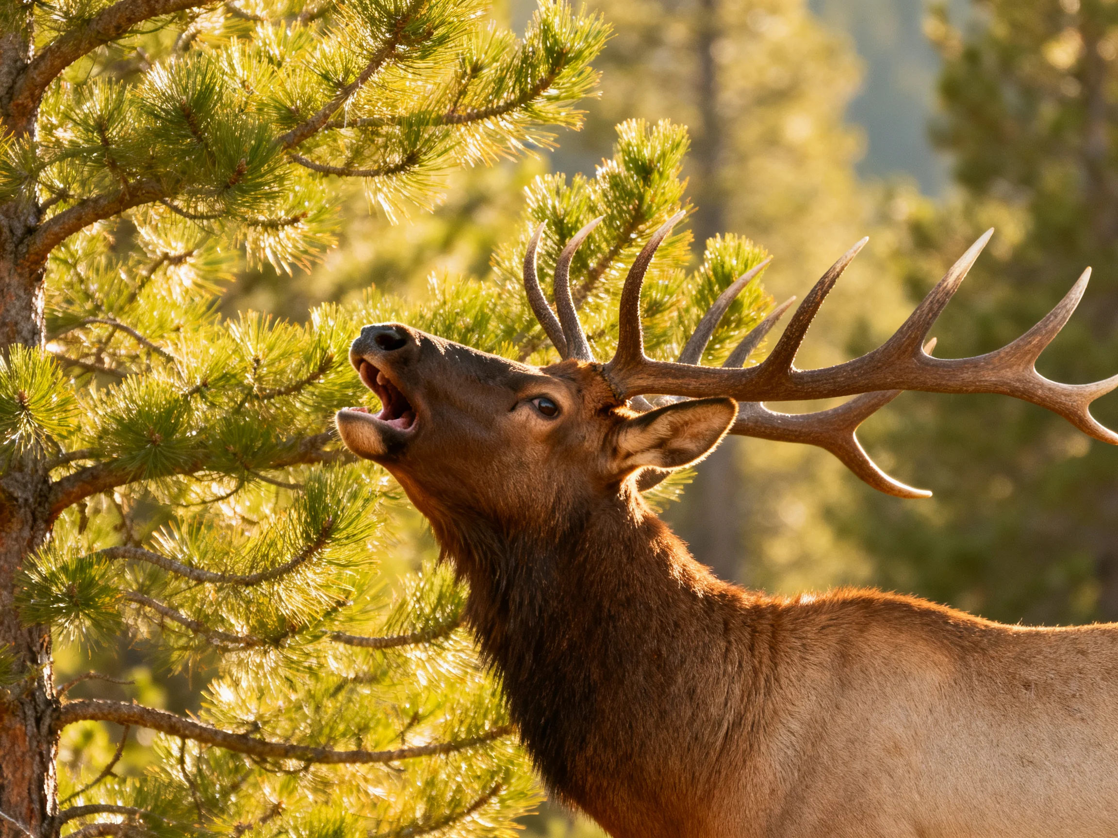 A majestic elk with large antlers feeding from sun-drenched pine trees