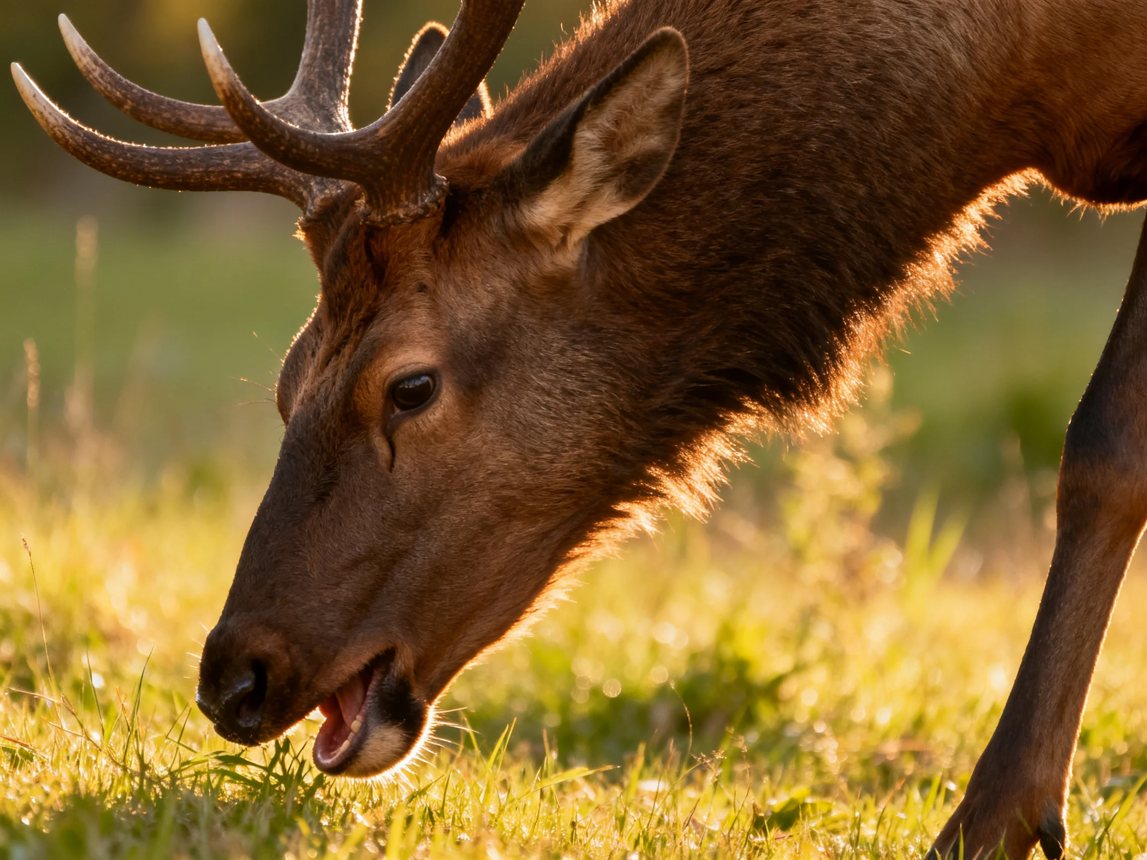 A majestic elk with large antlers grazing in golden grassland