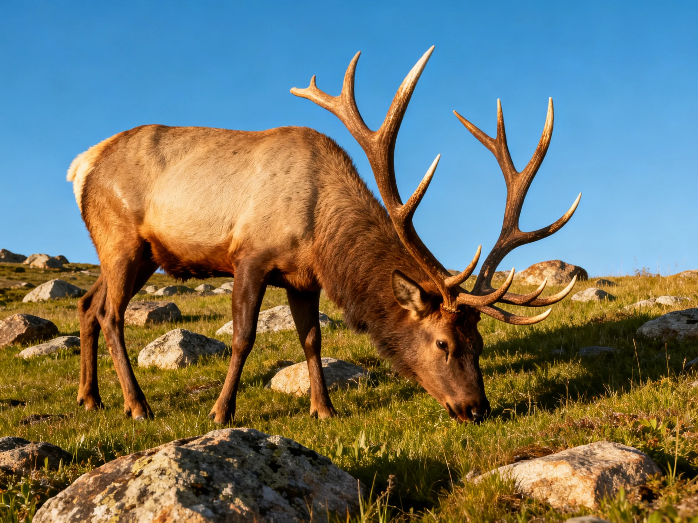 A majestic elk with large antlers grazing on rocky terrain under clear blue sky