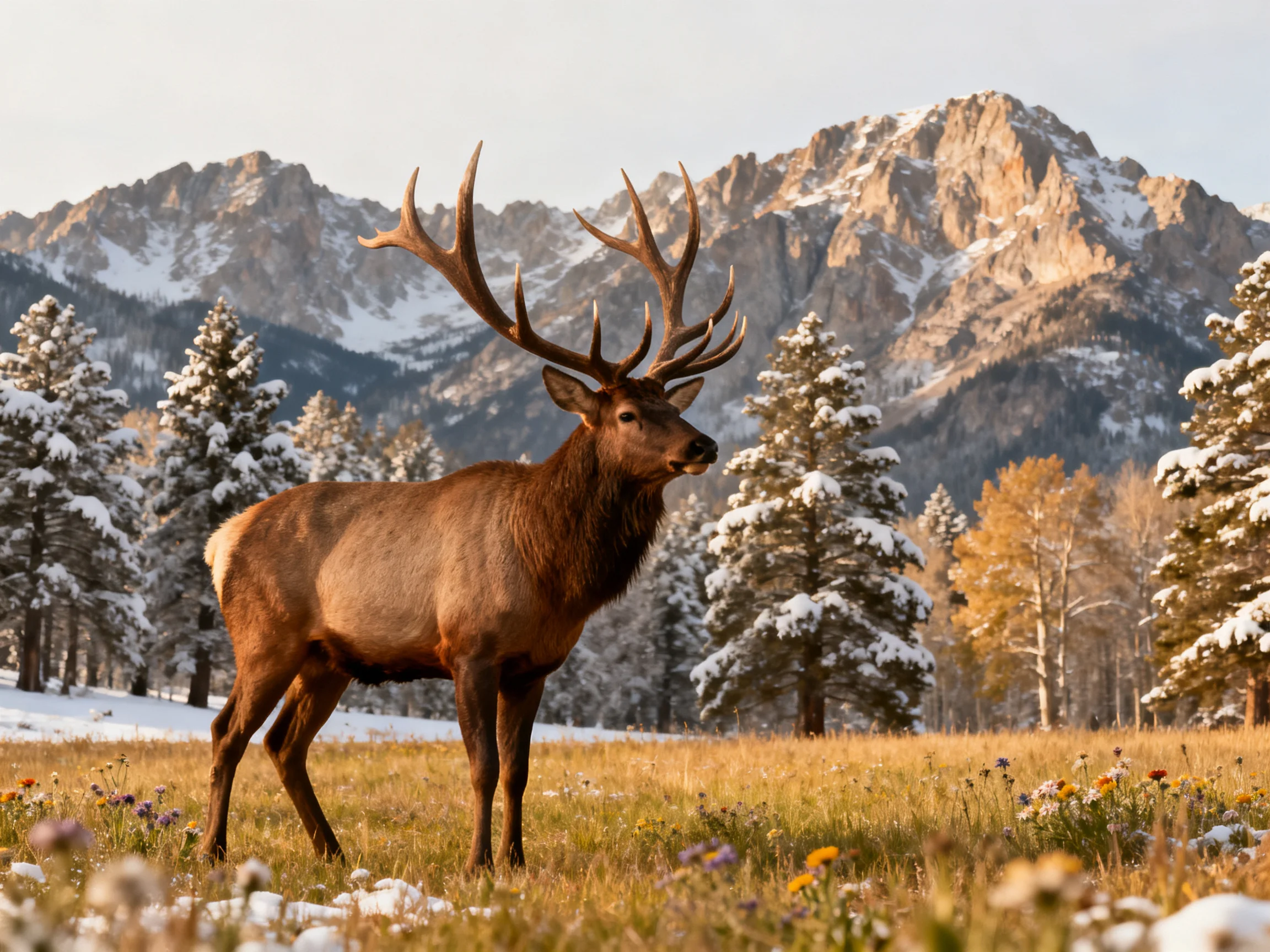 A majestic elk with large antlers in a snow-dusted meadow near rocky peaks
