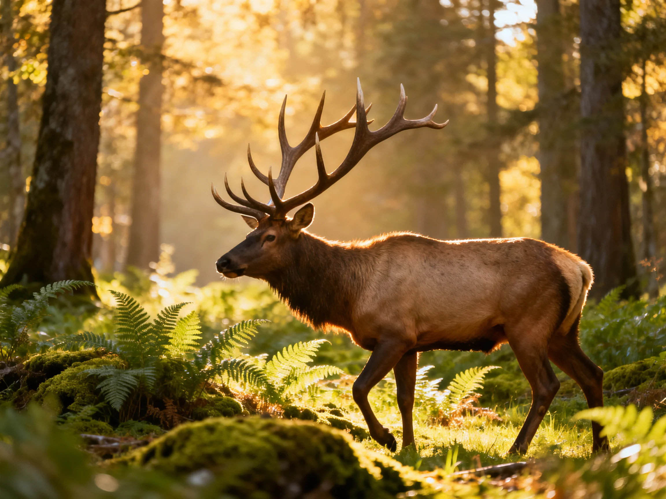 A majestic elk with large antlers in a sun-dappled forest