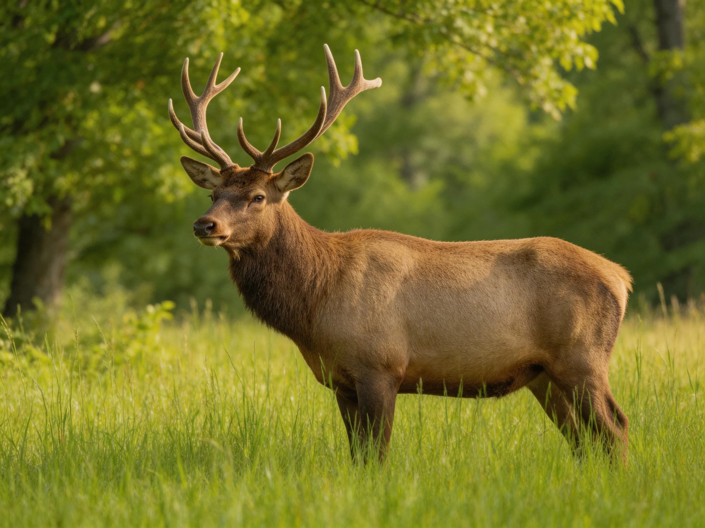 A majestic elk with large antlers in a sun-dappled green meadow