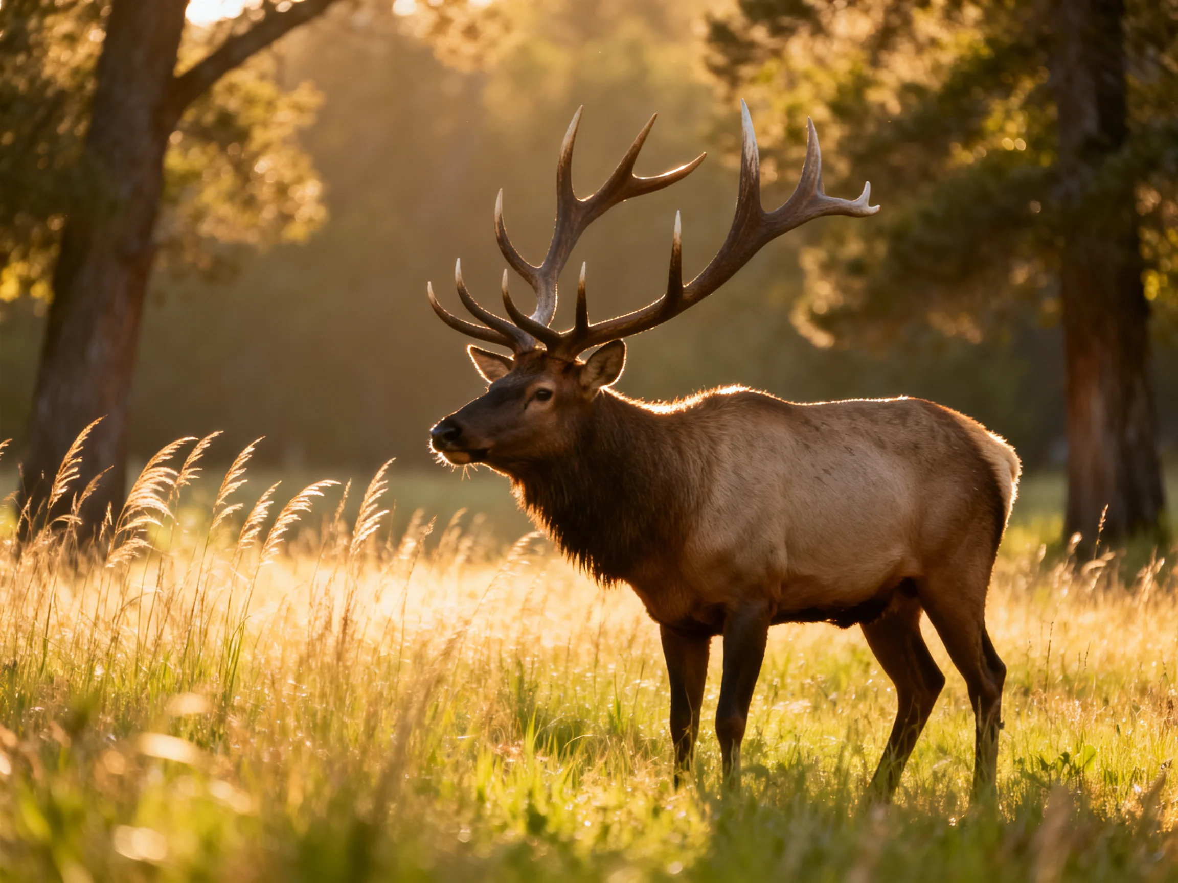 A majestic elk with large antlers in a sunlit forest meadow