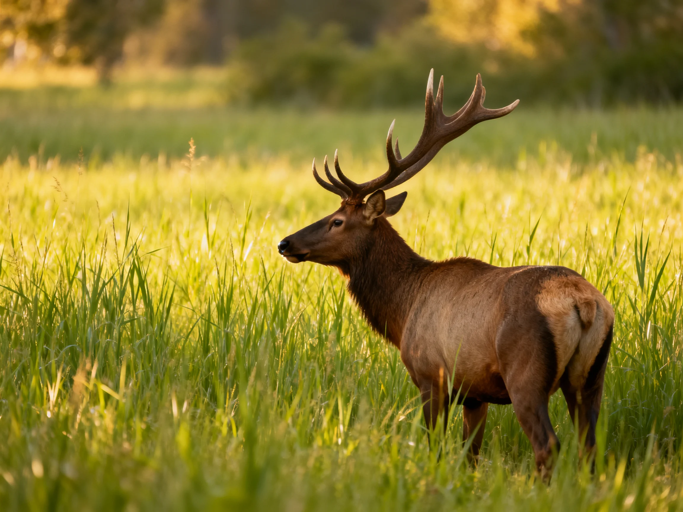 A majestic elk with large antlers in sun-drenched tall grass