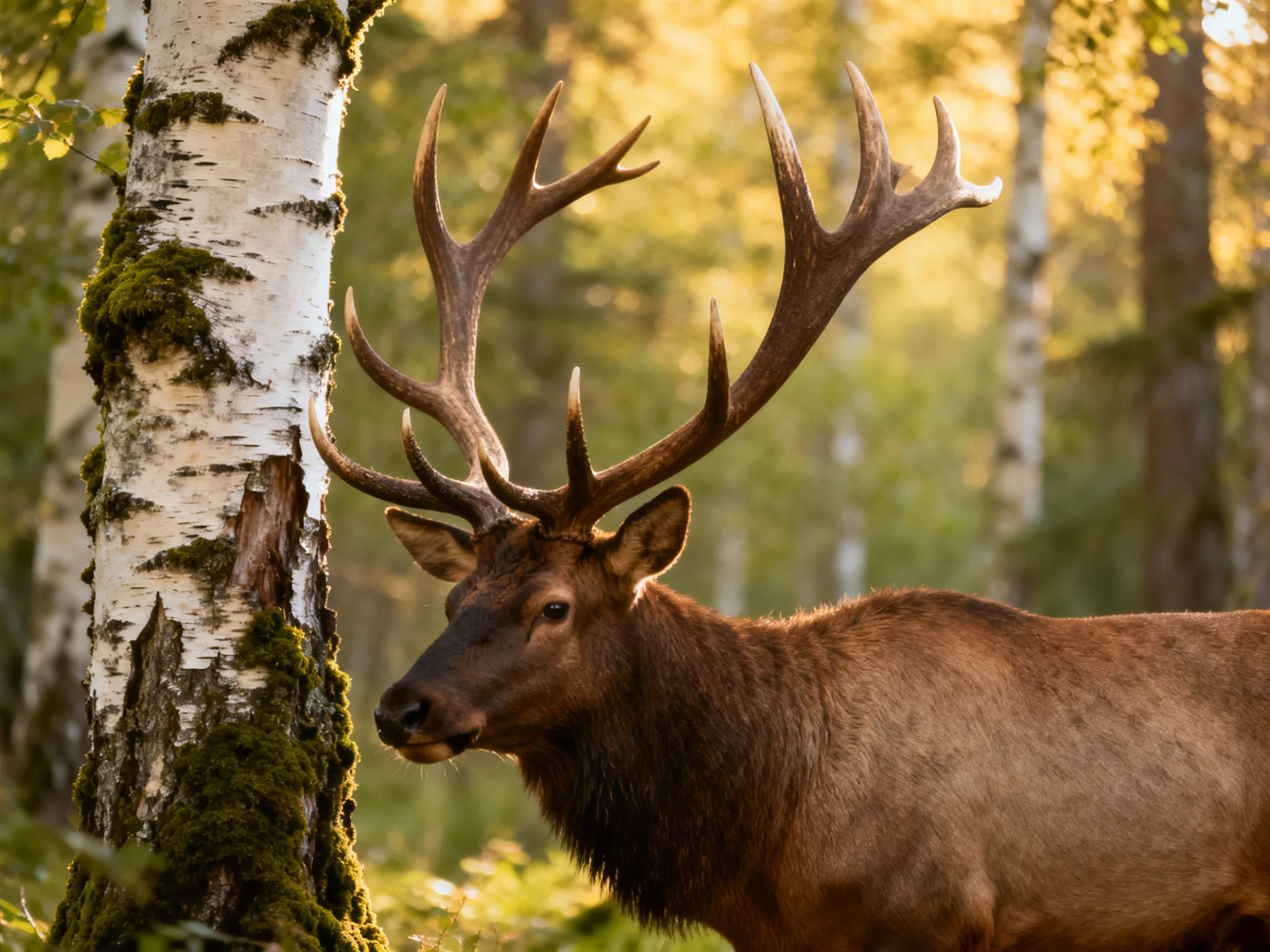 A majestic elk with large antlers near a moss-covered birch tree