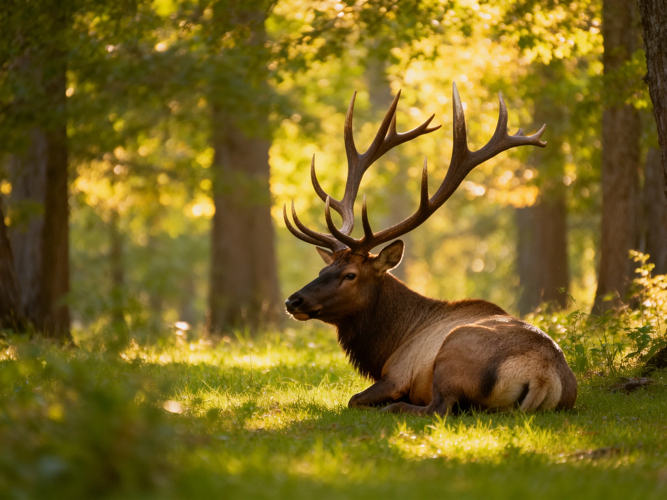 A majestic elk with large antlers rests in sunlit forest