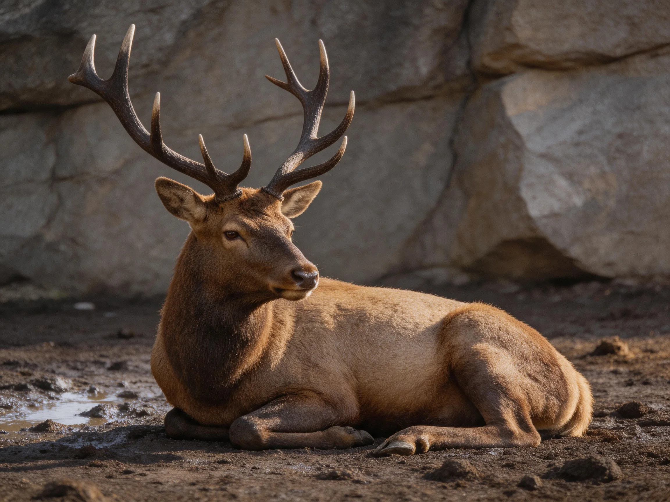 A majestic elk with large antlers rests near rocky terrain