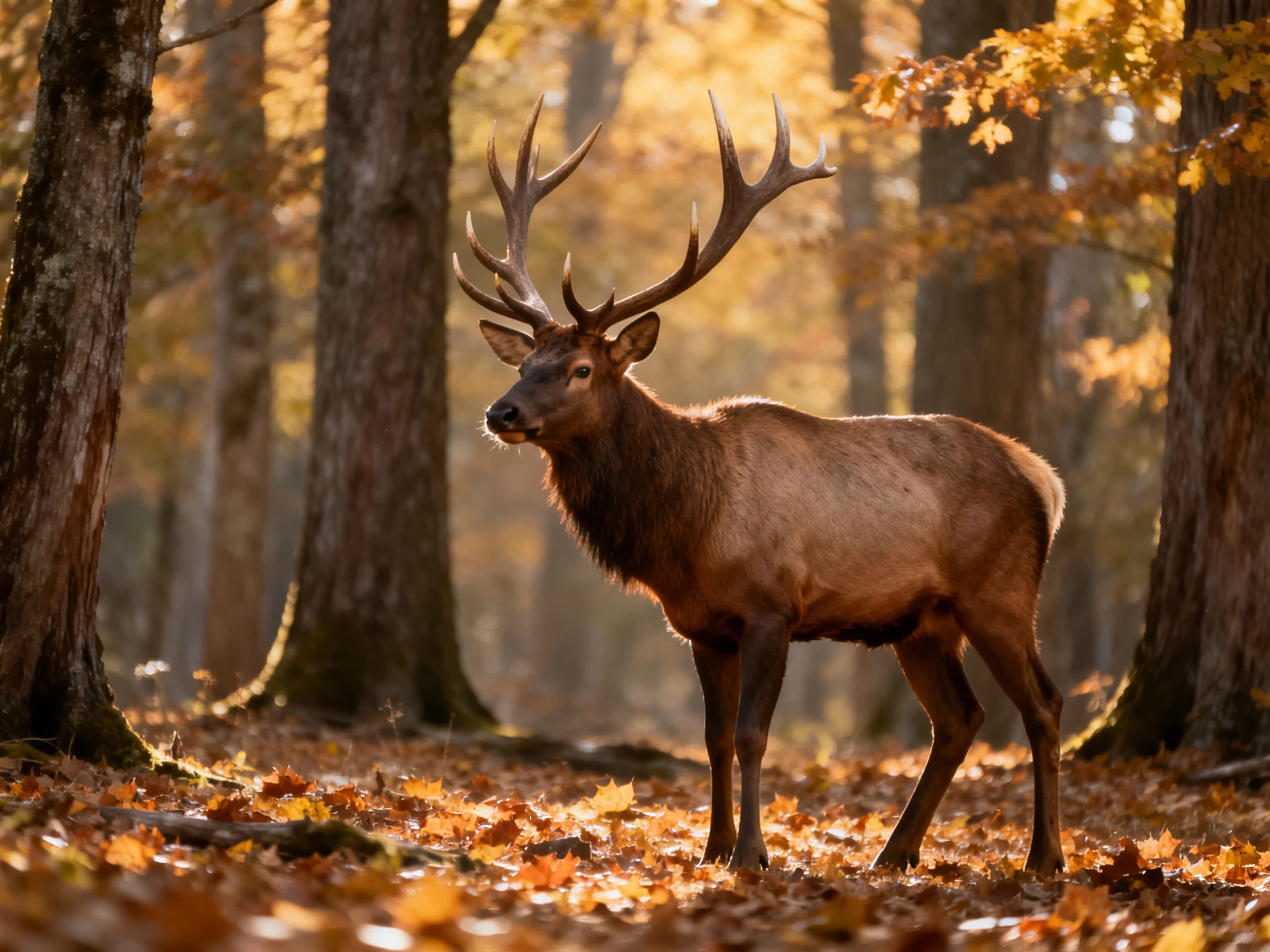 A majestic elk with large antlers stands among golden autumn leaves in a sunlit forest