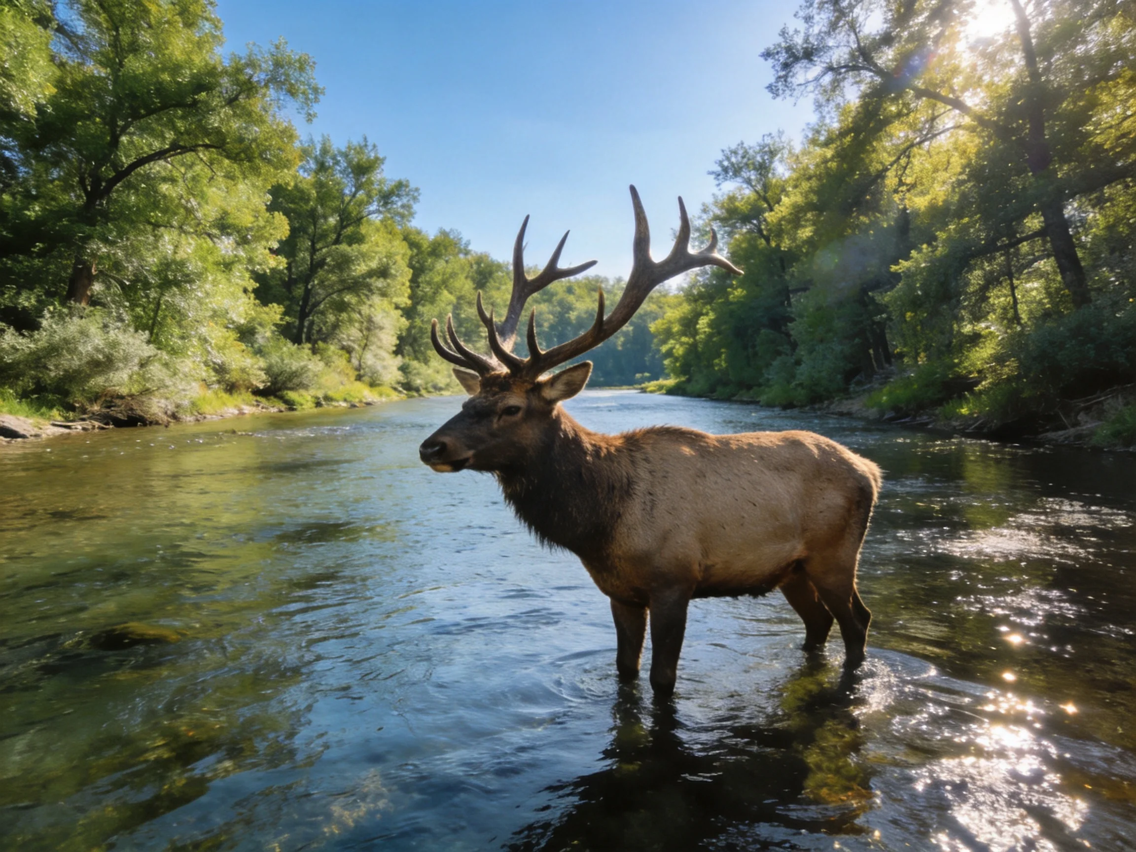 A majestic elk with large antlers stands in a sunlit forest river