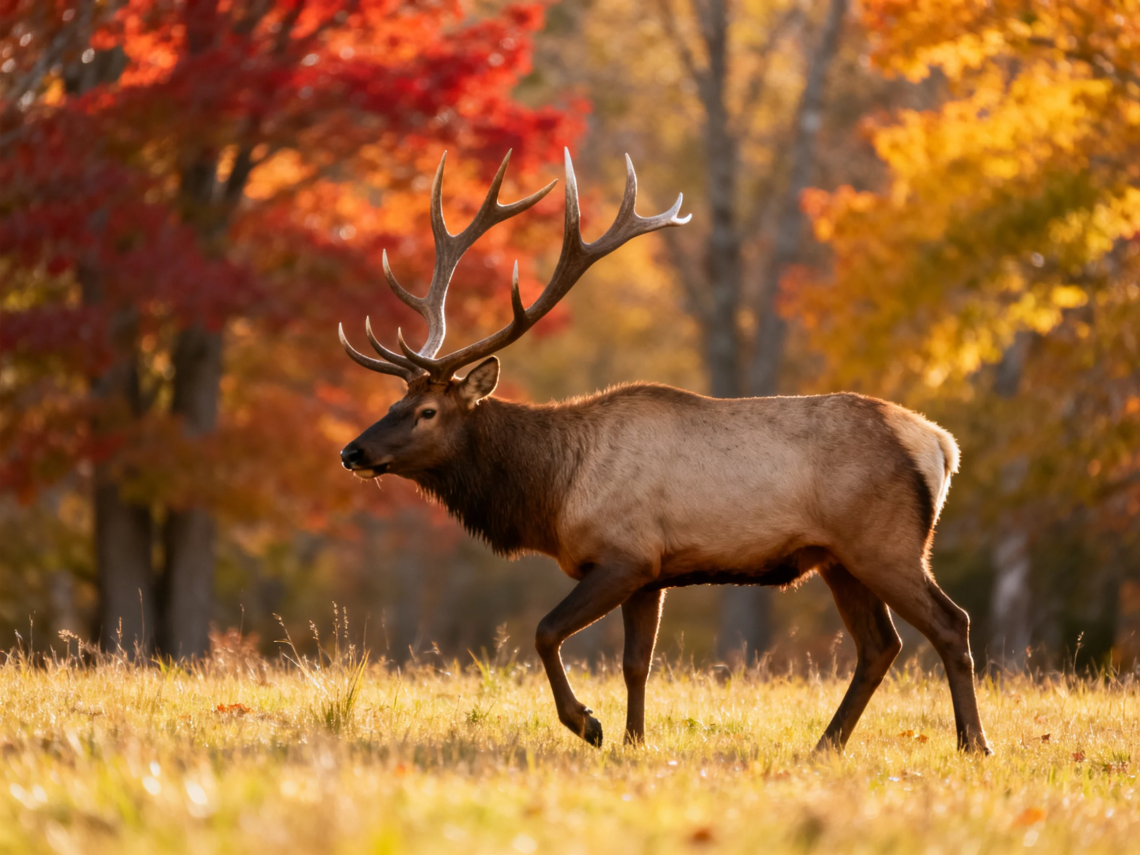 A large elk with prominent antlers moves through a field beside colorful autumn trees.