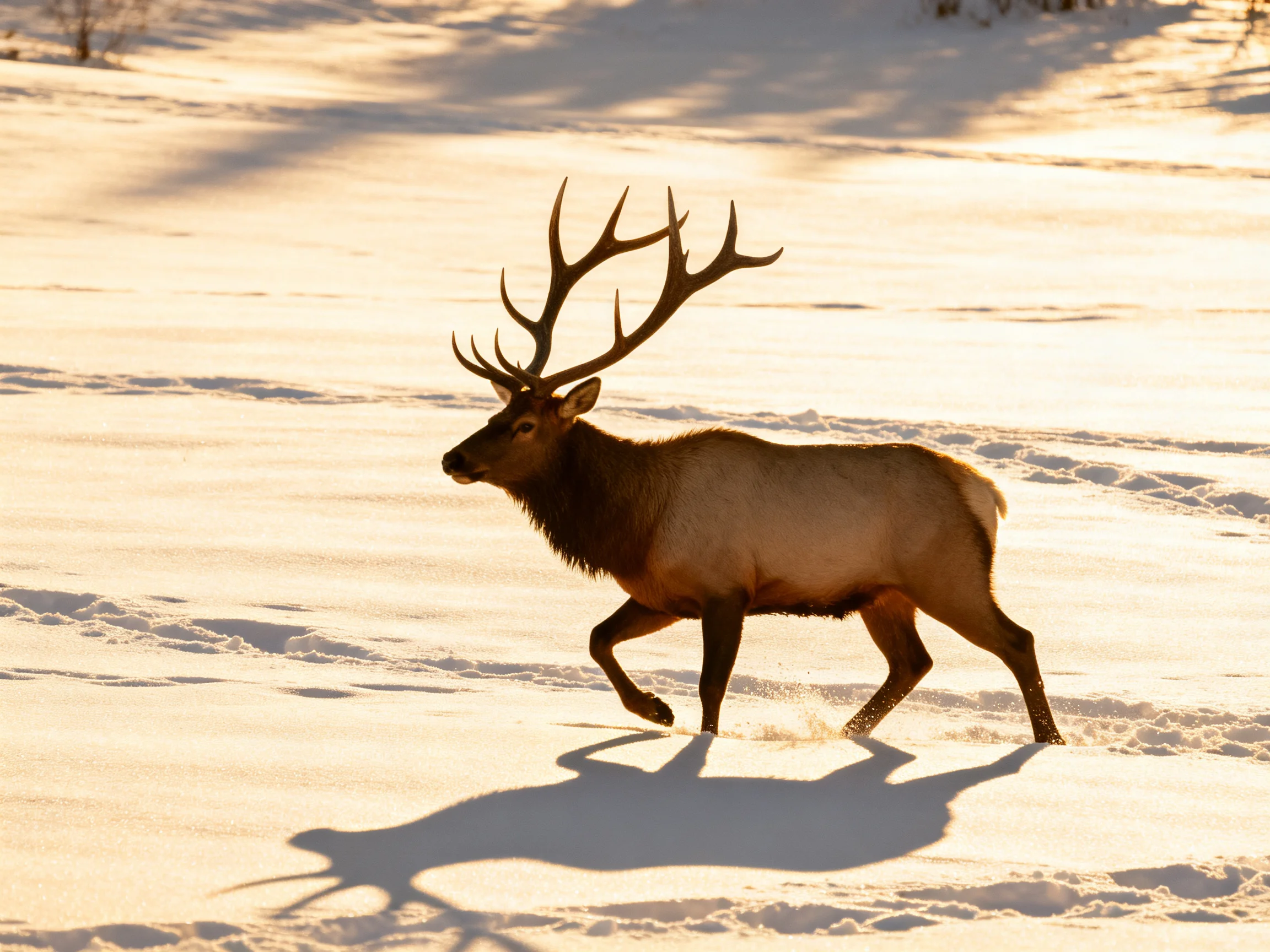 A majestic elk with large antlers walks on sunlit snowy ground