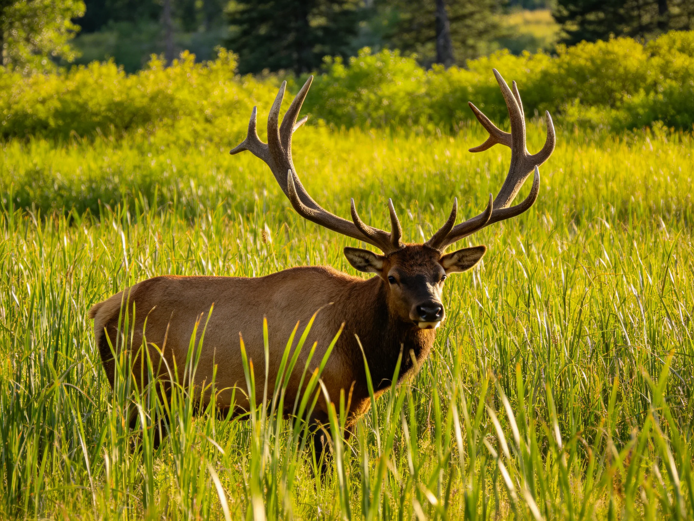 A majestic elk with sprawling antlers in a sunlit grassy meadow