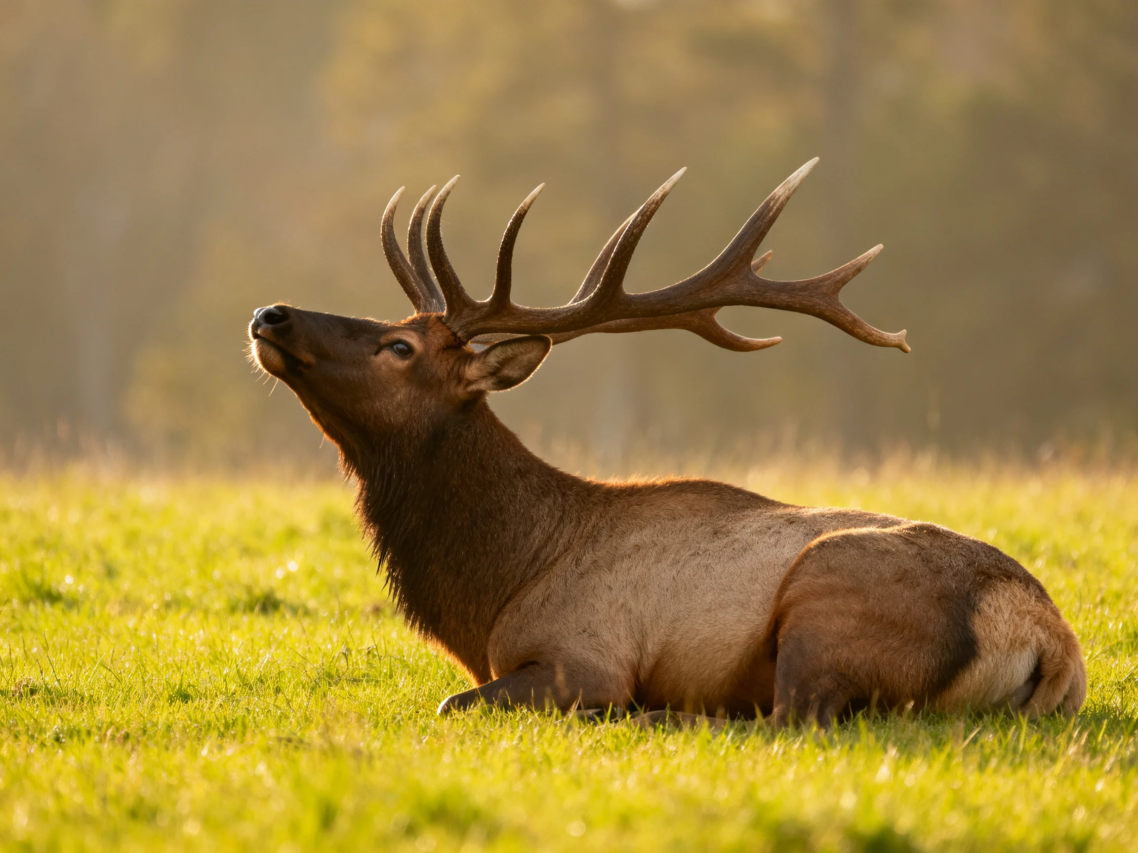 A majestic elk with sprawling antlers rests on sunlit green grass