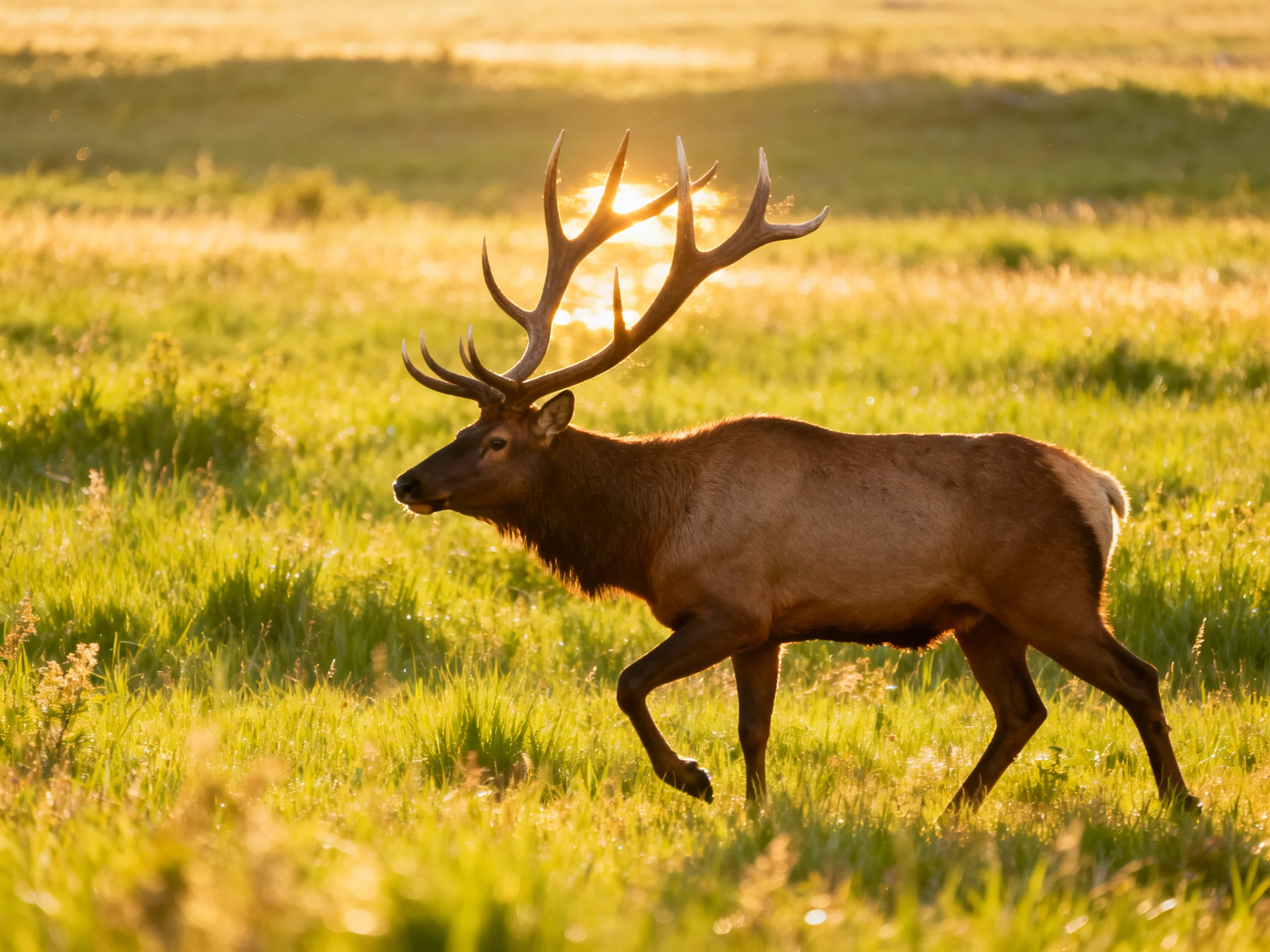 A majestic elk with sprawling antlers roams golden meadow at sunrise