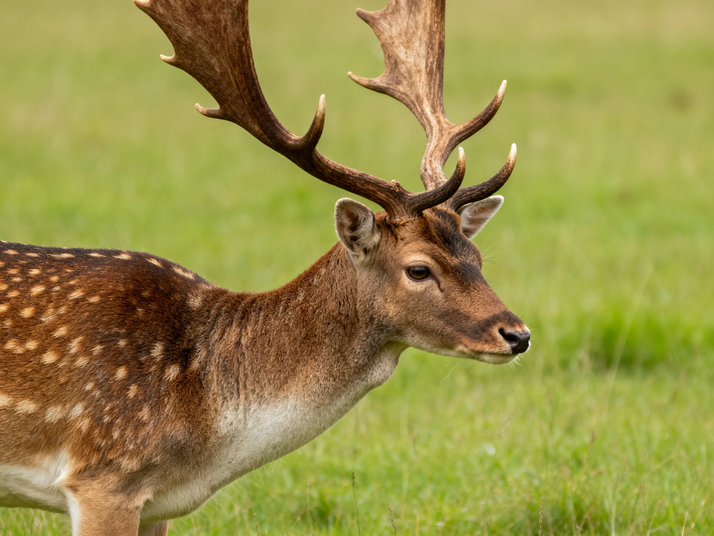 A fallow deer with large antlers stands in a sunlit green meadow.