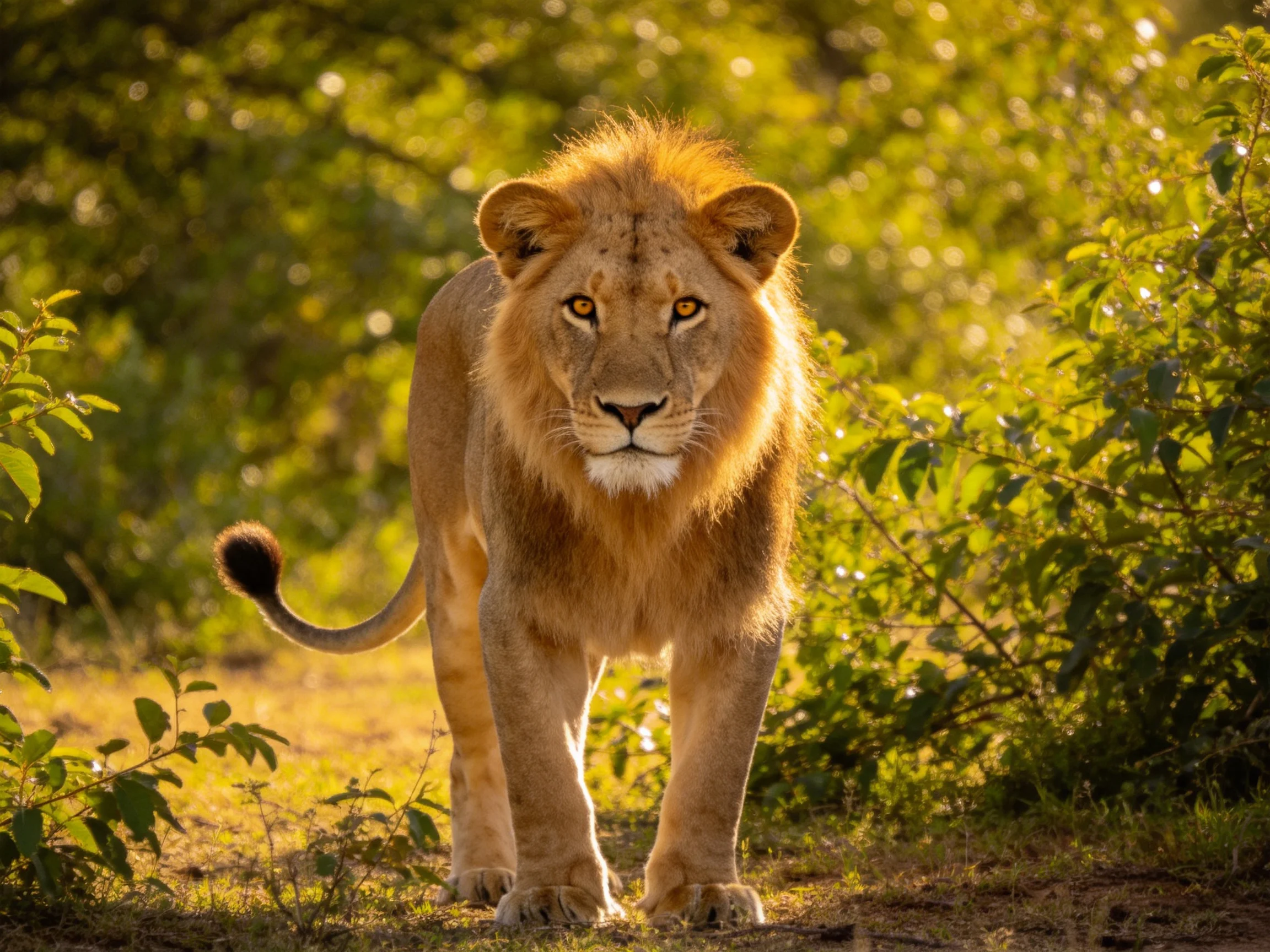 A majestic golden lion amidst lush greenery in warm sunlight