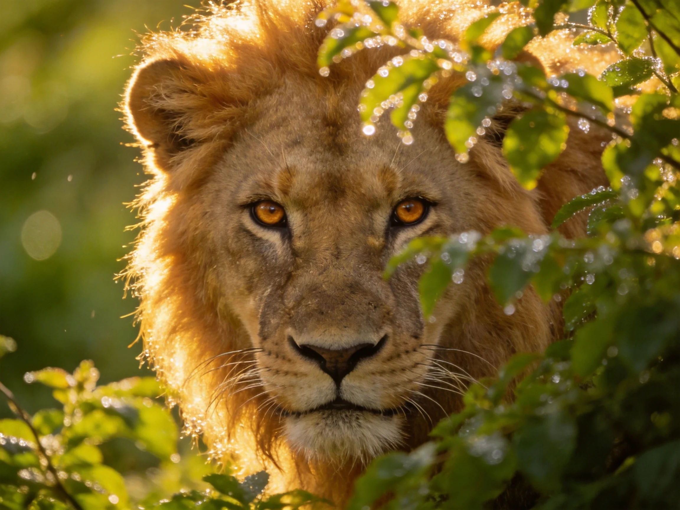 A majestic golden lion partially hidden among dewy green foliage